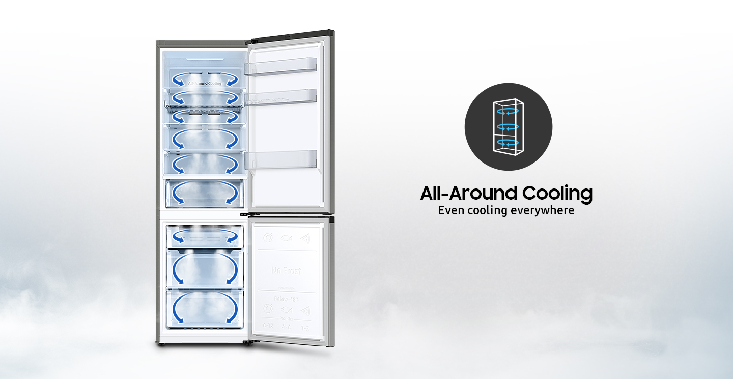 An open refrigerator with drawers and a circular symbol for cooling.