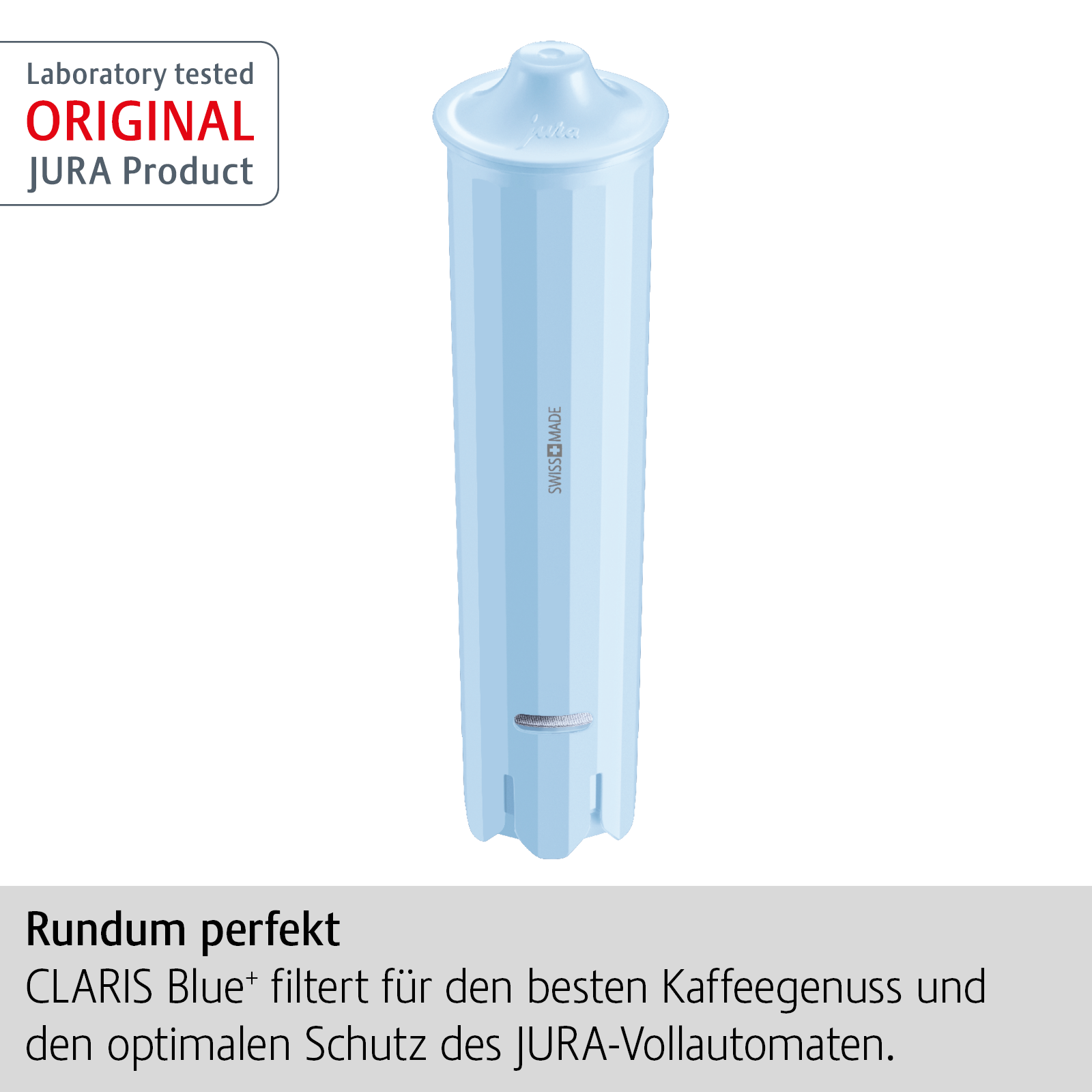 Hellblauer Jura CLARIS Blue+ Wasserfilter.  Logo 'Original Jura Product'.  Perfekt für besten Kaffeegenuss und optimalen Schutz.