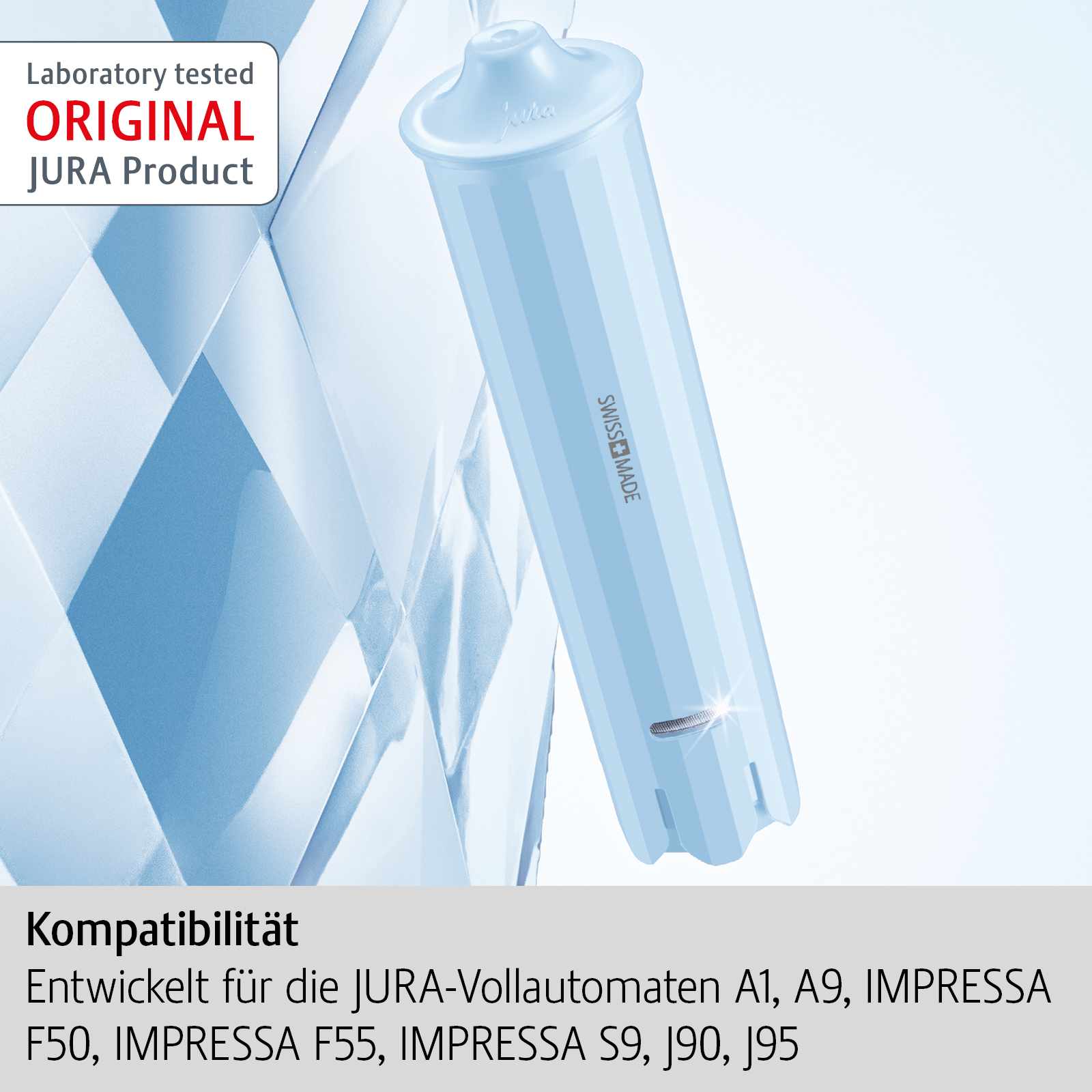 Hellblauer Jura-Wasserfilter.  Weißes Logo, Produktname.  Auf blau-weißem Hintergrund.  Laborgetestet.