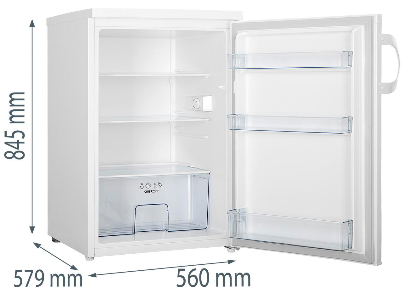 Weißer Kühlschrank, Tür geöffnet. Innenraum mit Regalen, Schublade. Maße: 845 mm hoch, 579 mm breit, 560 mm tief.