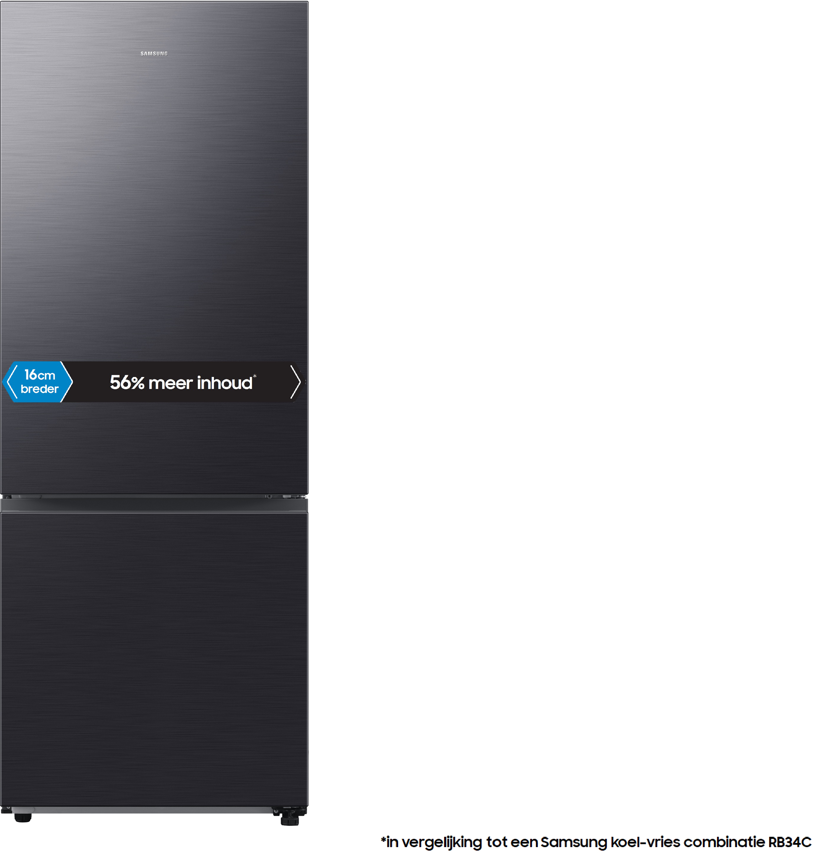 Dark gray refrigerator with two doors. Top says "SAMSUNG". Text: 56% more content, 16cm wider.