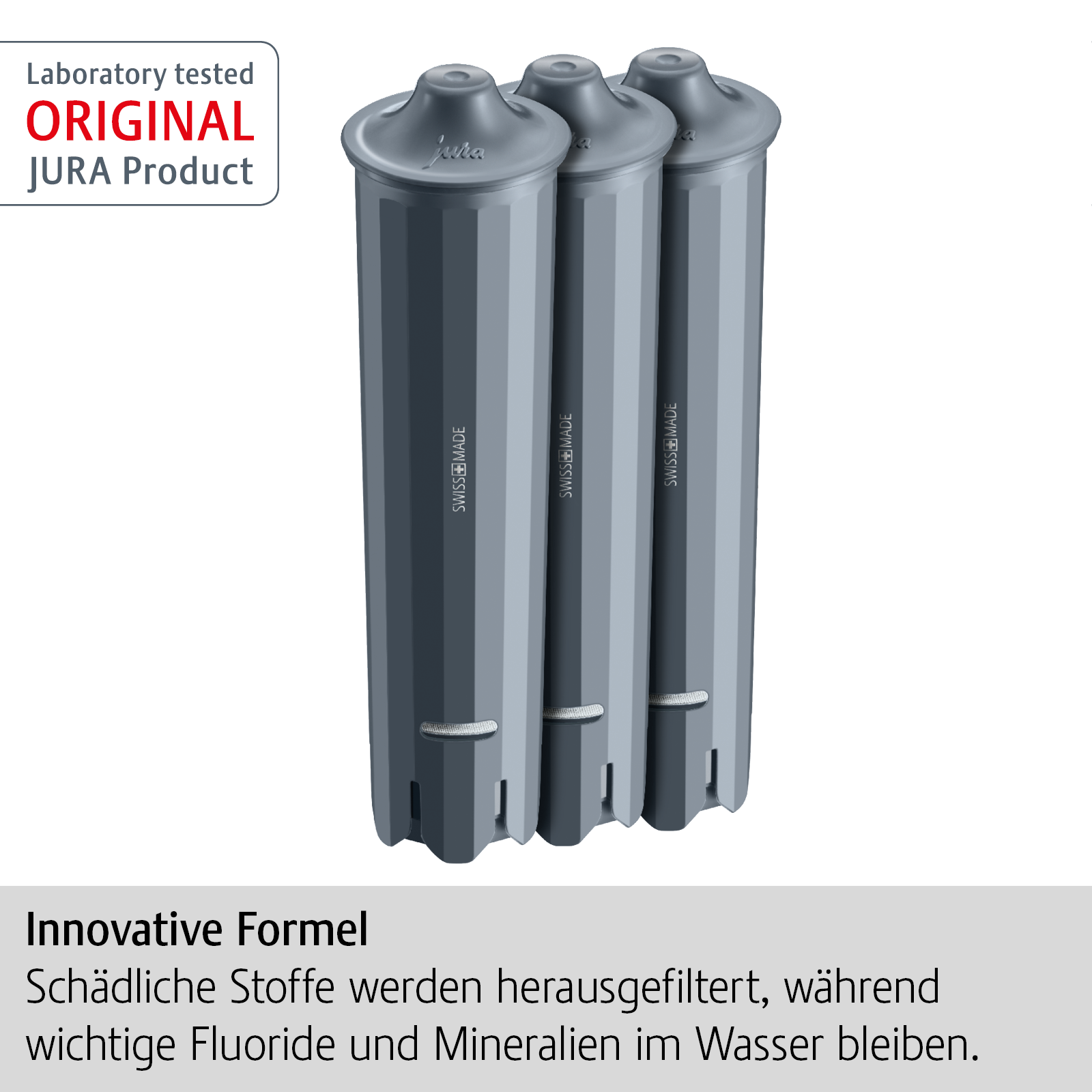 Drei graue Jura-Filterpatronen stehen vor weißem Hintergrund. Oben steht 'Laborgeprüft Original Jura Produkt'.