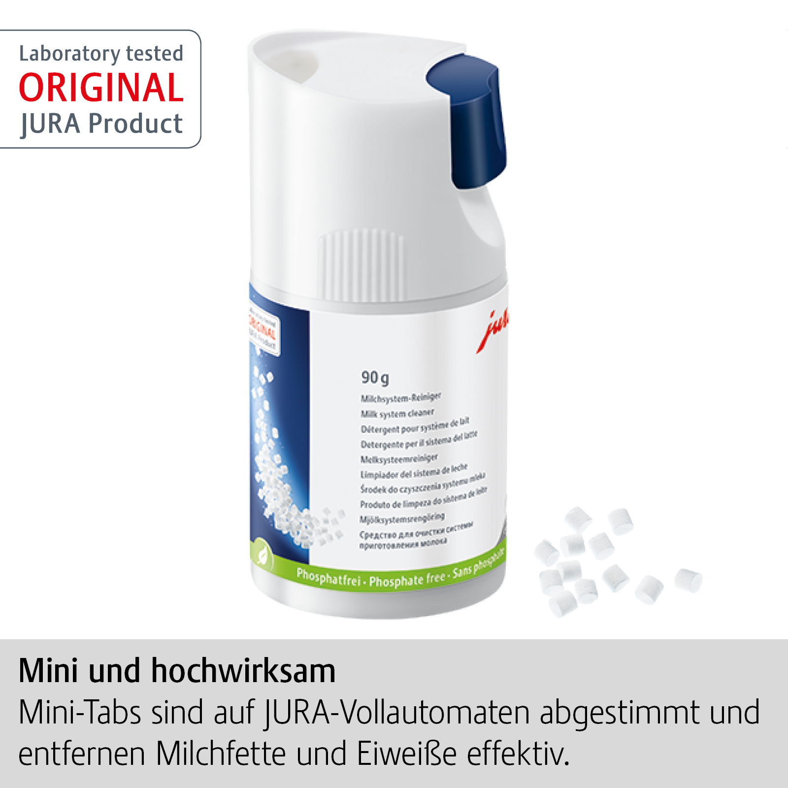 Eine weiße Jura-Reinigungstabletten-Dose mit blauer Kappe. Auf weißem Hintergrund liegen kleine Tabletten.