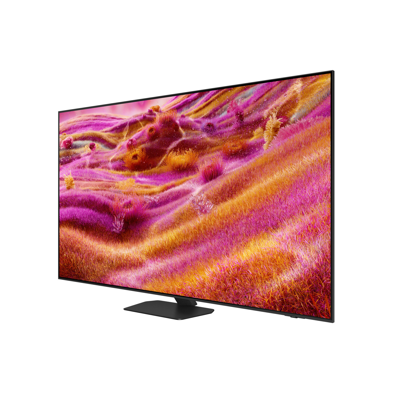 An angled view of a Neo QLED TV displays a colorful abstract image. The TV is on a black stand against a white background.