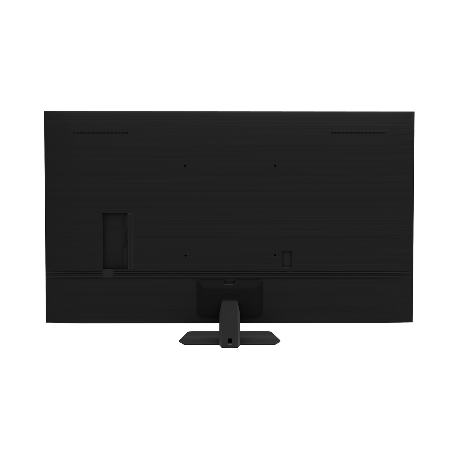 Back of a black TV showing ports and stand. The design is simple and functional.