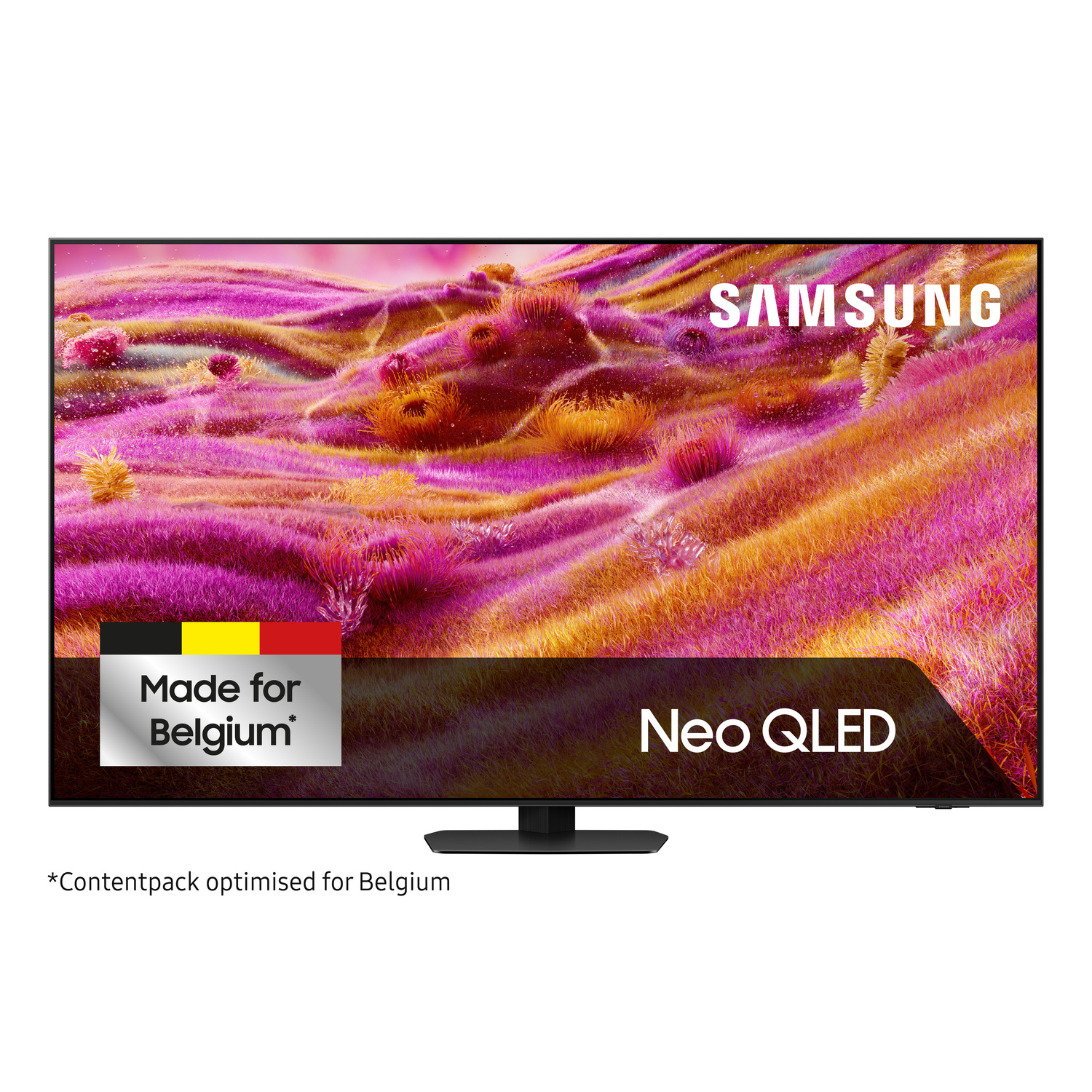 Vue de face du téléviseur, motif coloré, logo Samsung, Neo QLED, Made for Belgium.