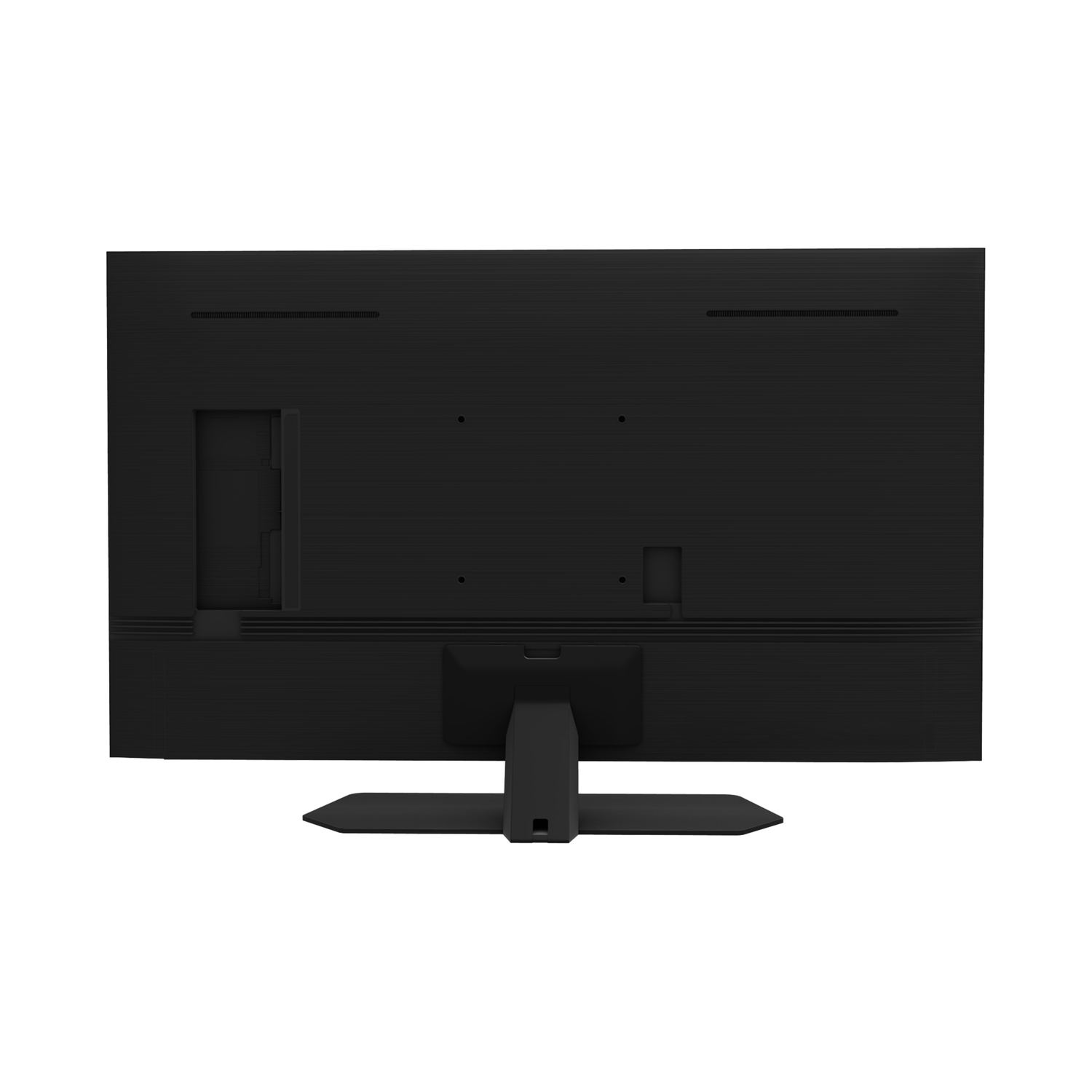 Back of a black TV with ports and stand. Surface features and design elements are visible.