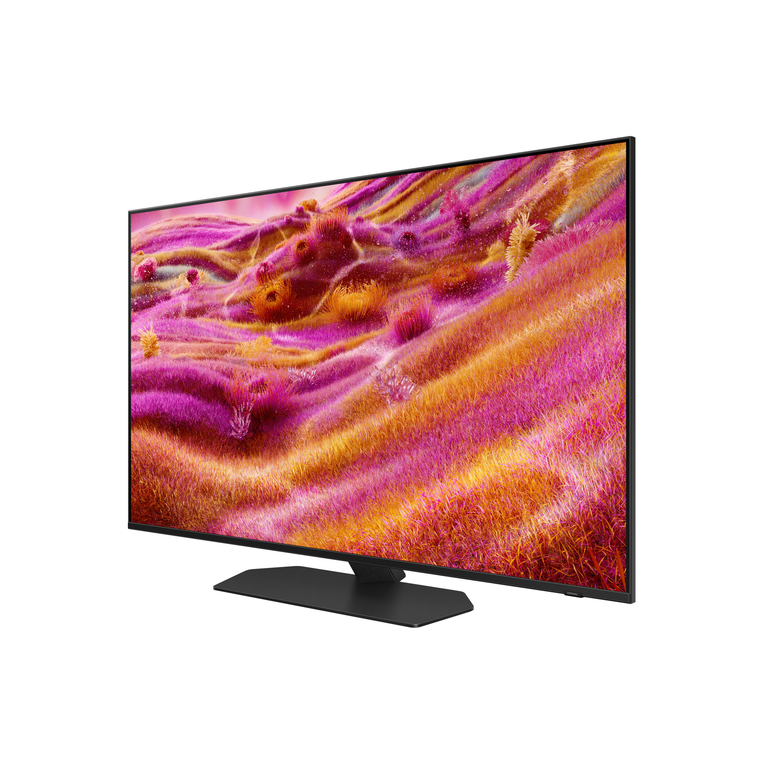 A TV viewed from the side at a slight angle. The screen displays an abstract, colorful pattern.