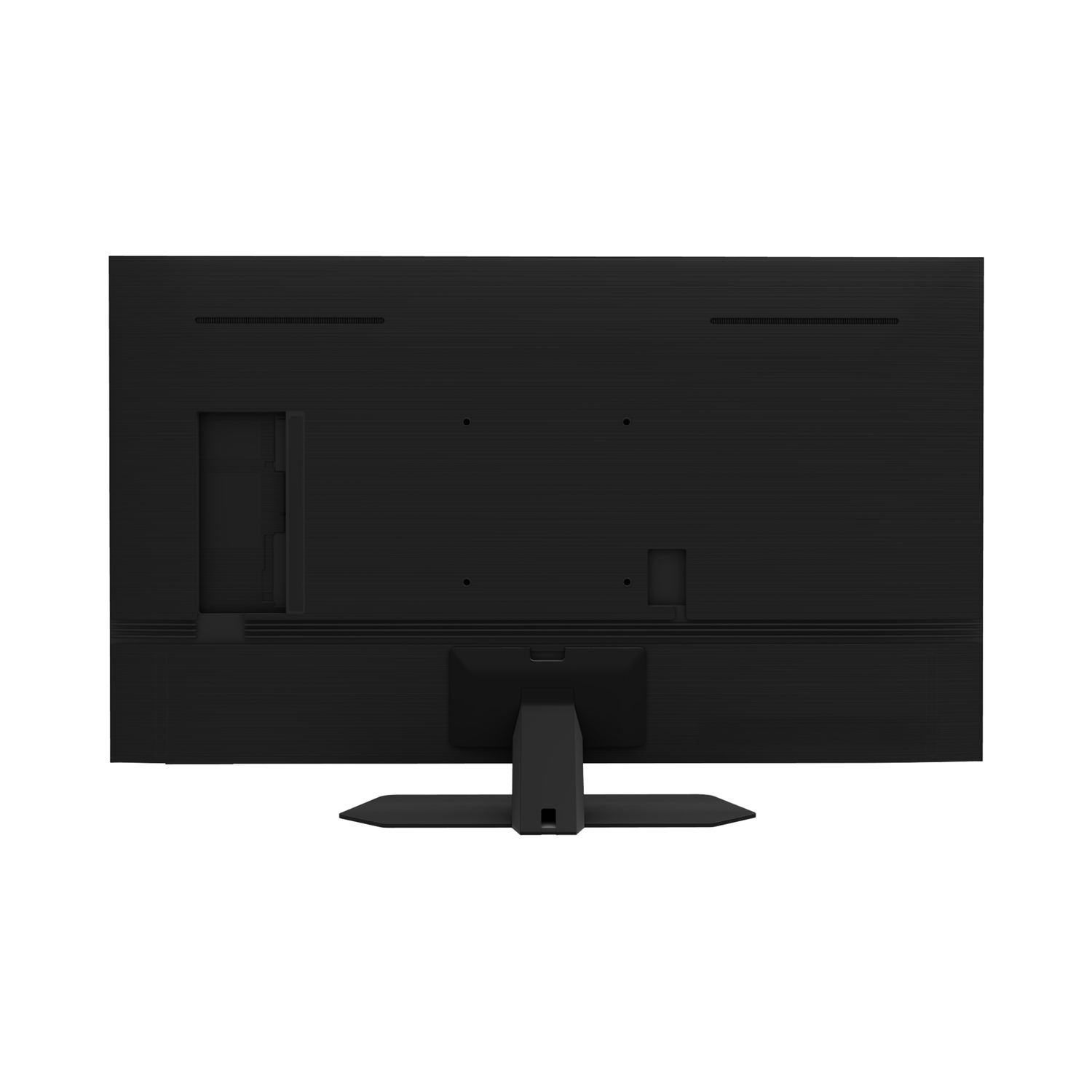 Back of a black TV with ports and stand on a white background.