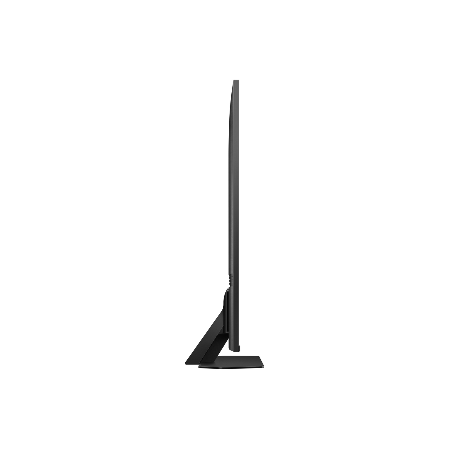 Side view of a slim black TV with a black stand, against a white background. The TV is turned off.