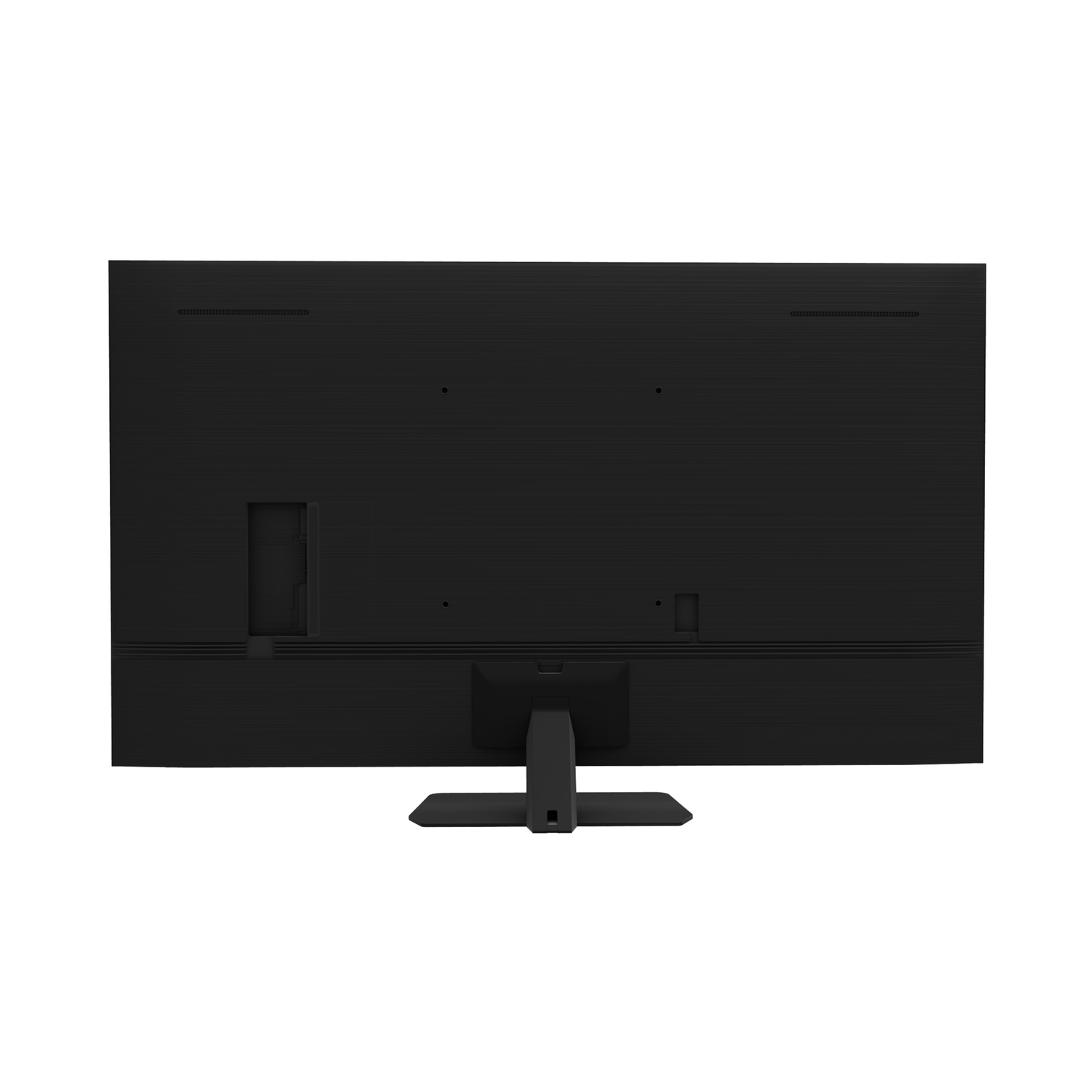 Rear view of a black TV with ports and a stand.