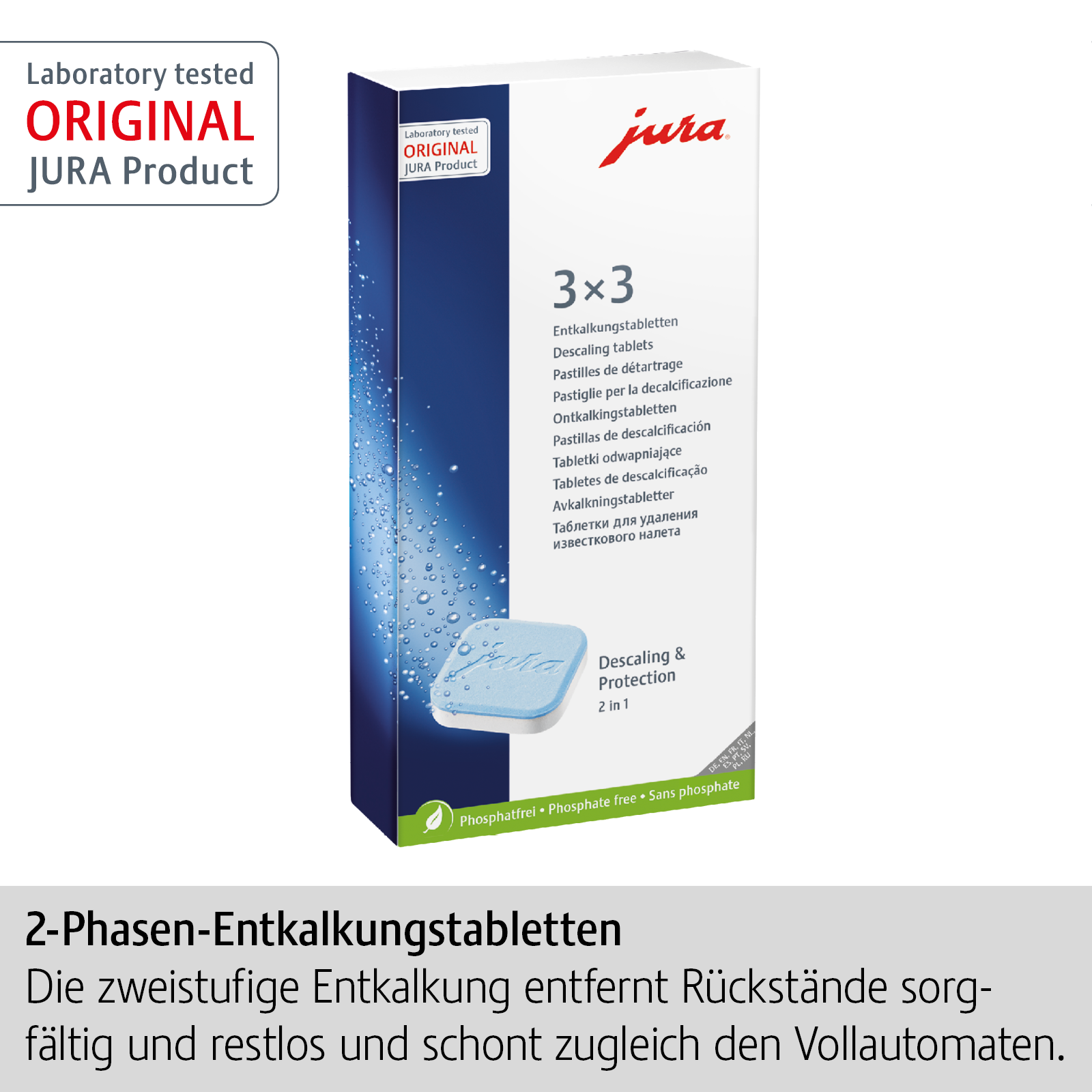 Verpackung: Jura Entkalkungstabletten. Blaues Tabletten-Paket mit Produktnamen und Logo.