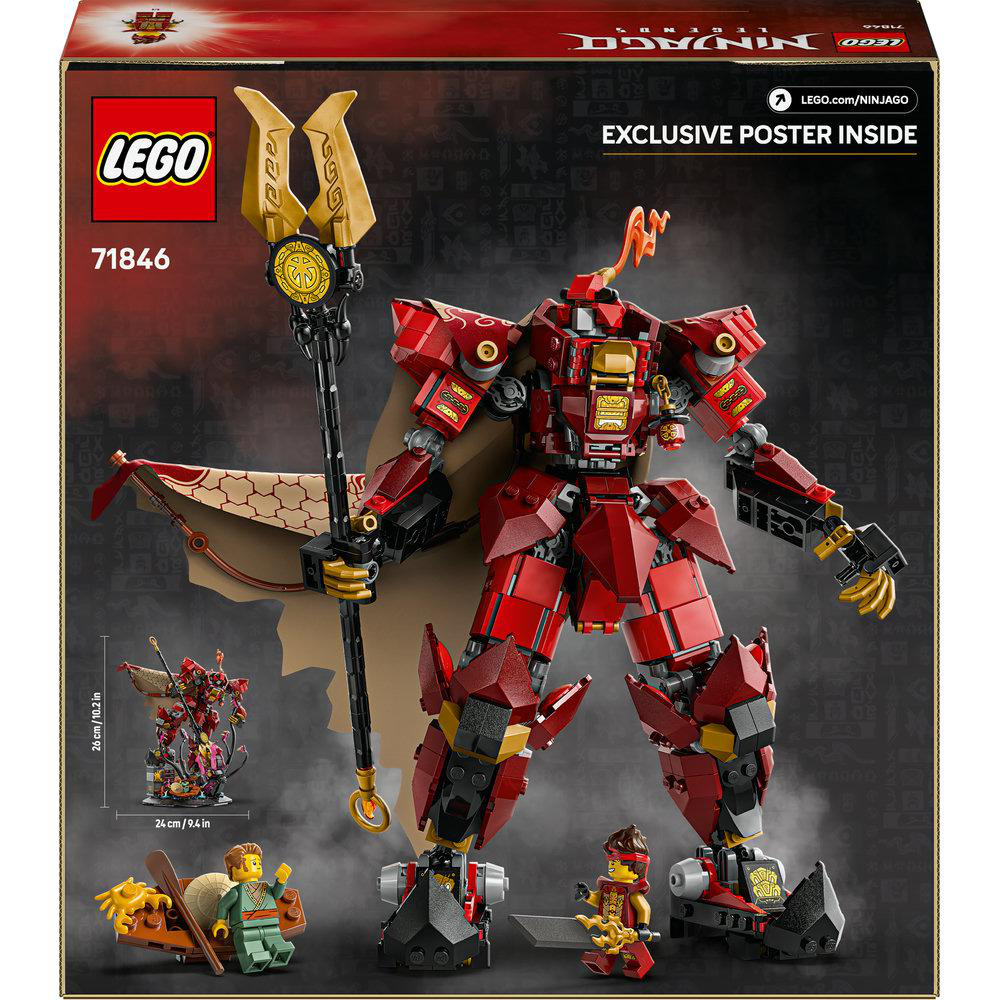 Eine LEGO-Box mit einem roten Roboter, einer Figur, einem Schwert und einer goldenen Stange. Auf der Box steht "LEGO NINJAGO".