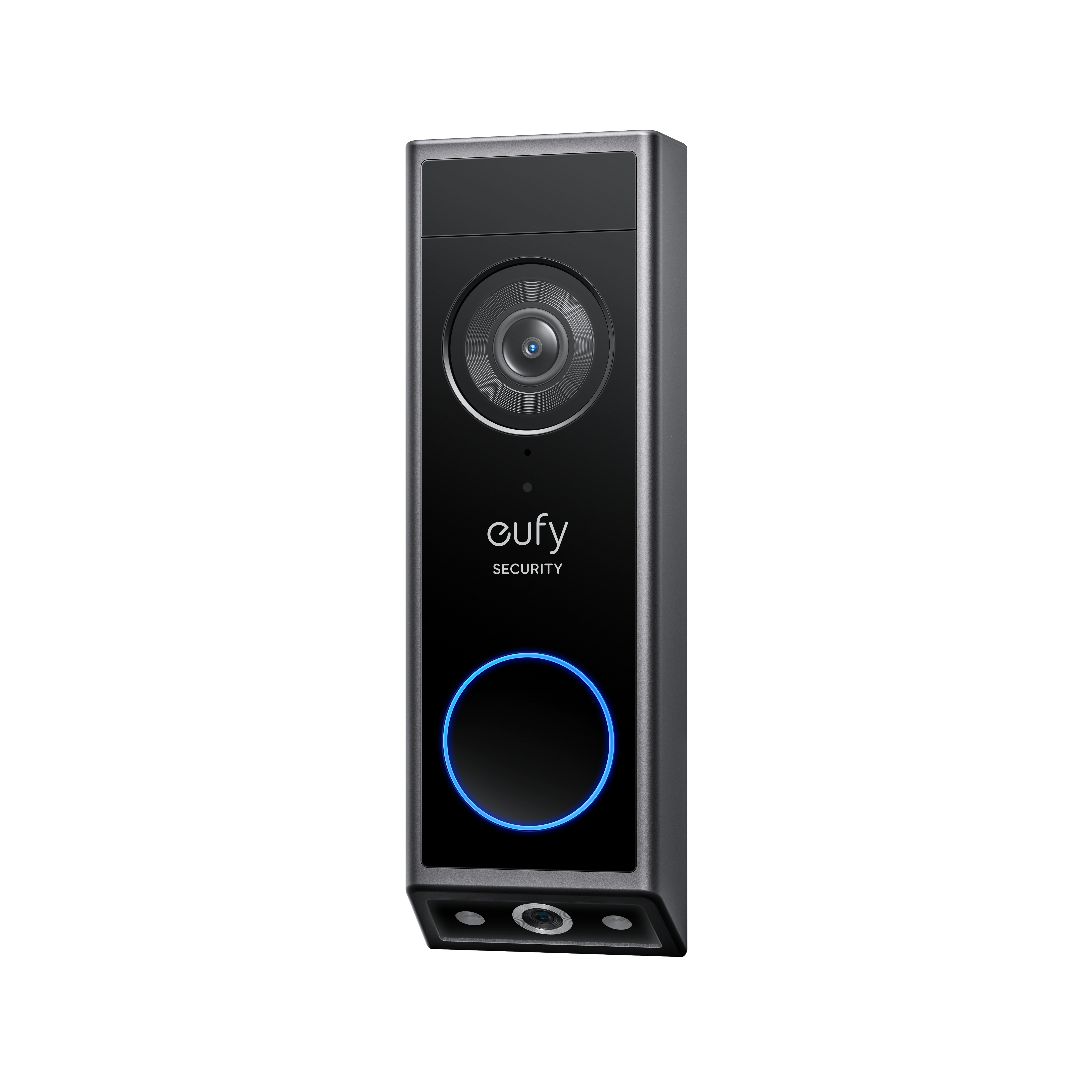Schwarze Türklingel mit Kamera, blauem Ring und "eufy SECURITY"-Logo. Auf weißem Hintergrund isoliert.