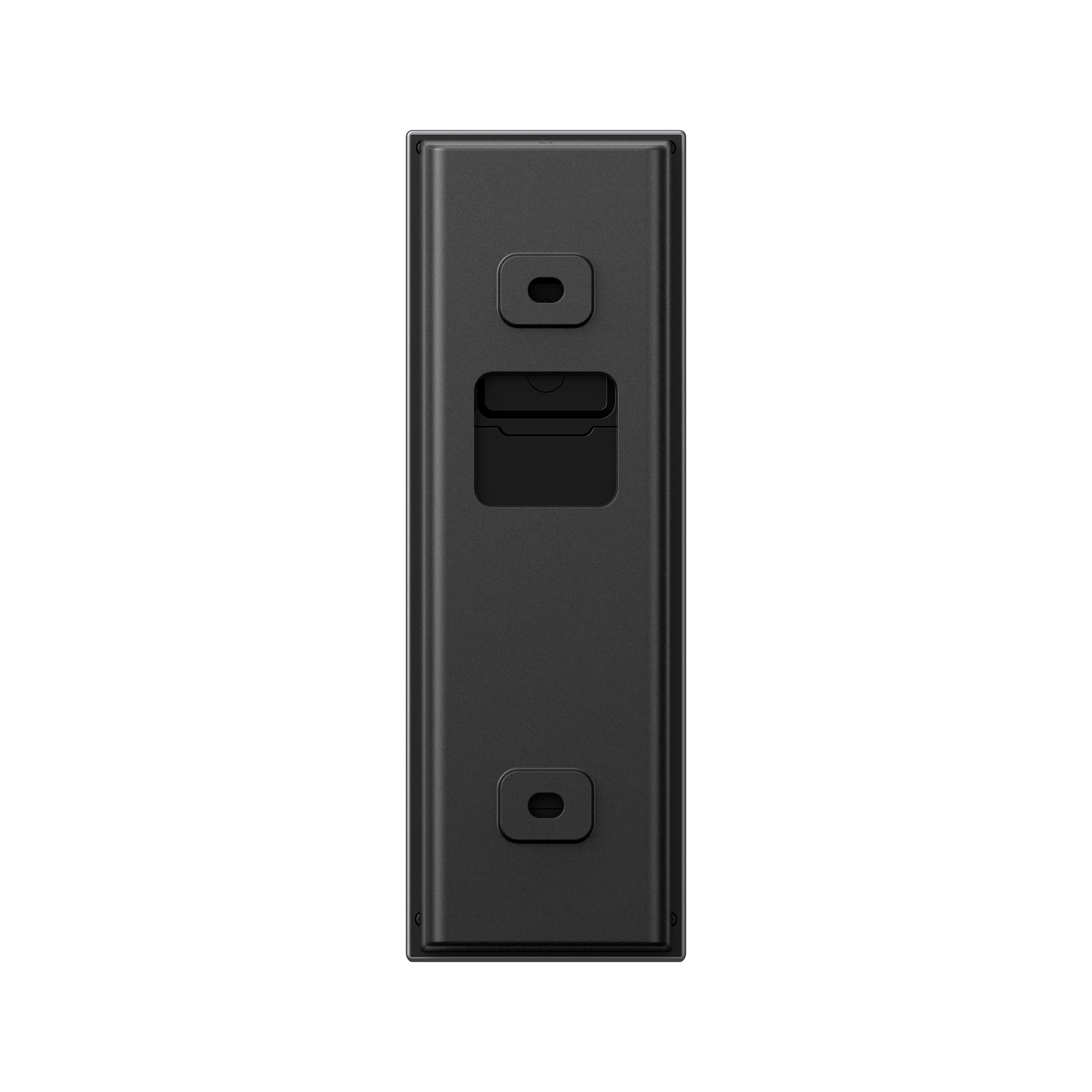 Ein schwarzes, rechteckiges Gerät mit Aussparungen und Befestigungslöchern. Es hat eine glatte Oberfläche und ist vor weißem Hintergrund.
