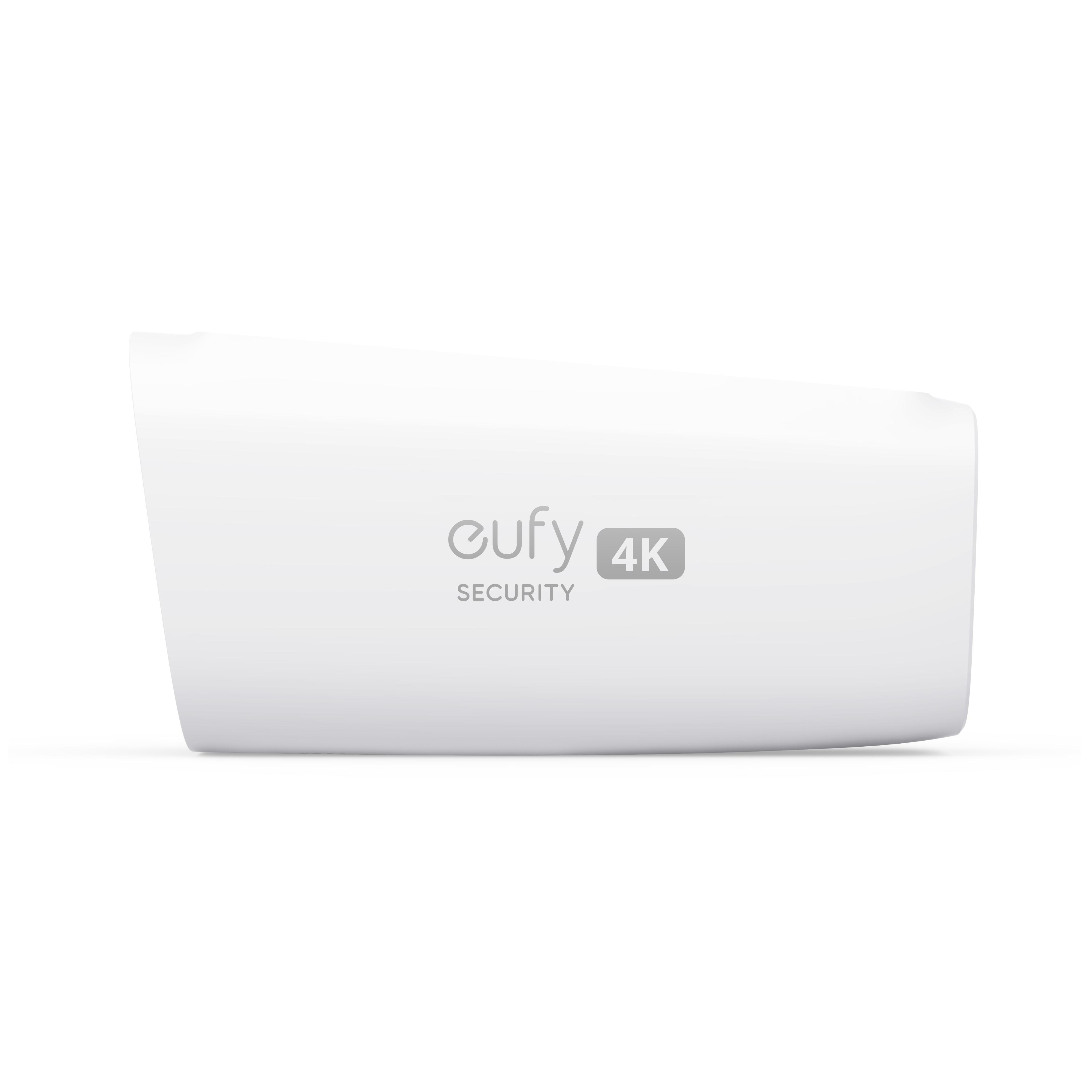 Ein weißes, längliches Gerät mit abgerundeten Kanten. Darauf steht „eufy SECURITY 4K“ in Grau.