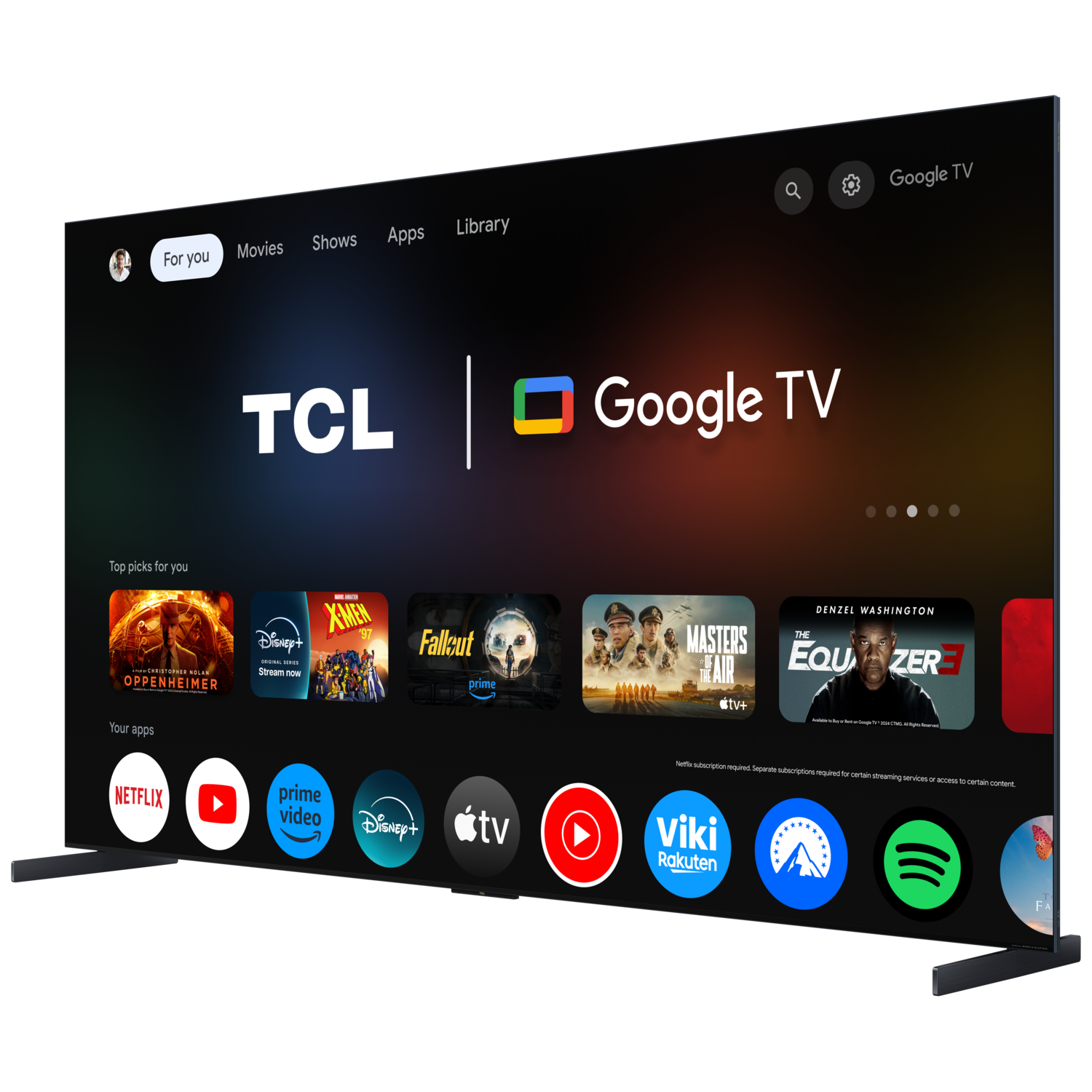 A TCL Google TV displaying apps like Netflix, YouTube, and Disney+ on a black background.