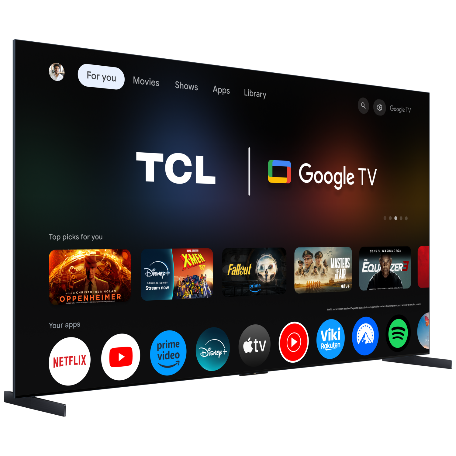 A TCL Google TV displaying apps like Netflix, YouTube, and Disney+ on a black background.