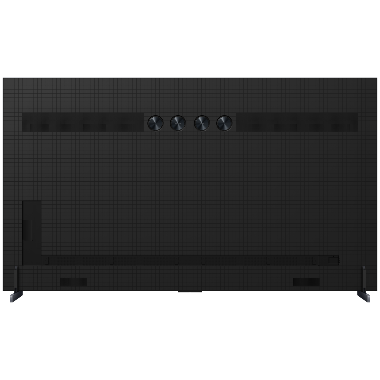 Back of a black TV with a textured surface and several buttons.