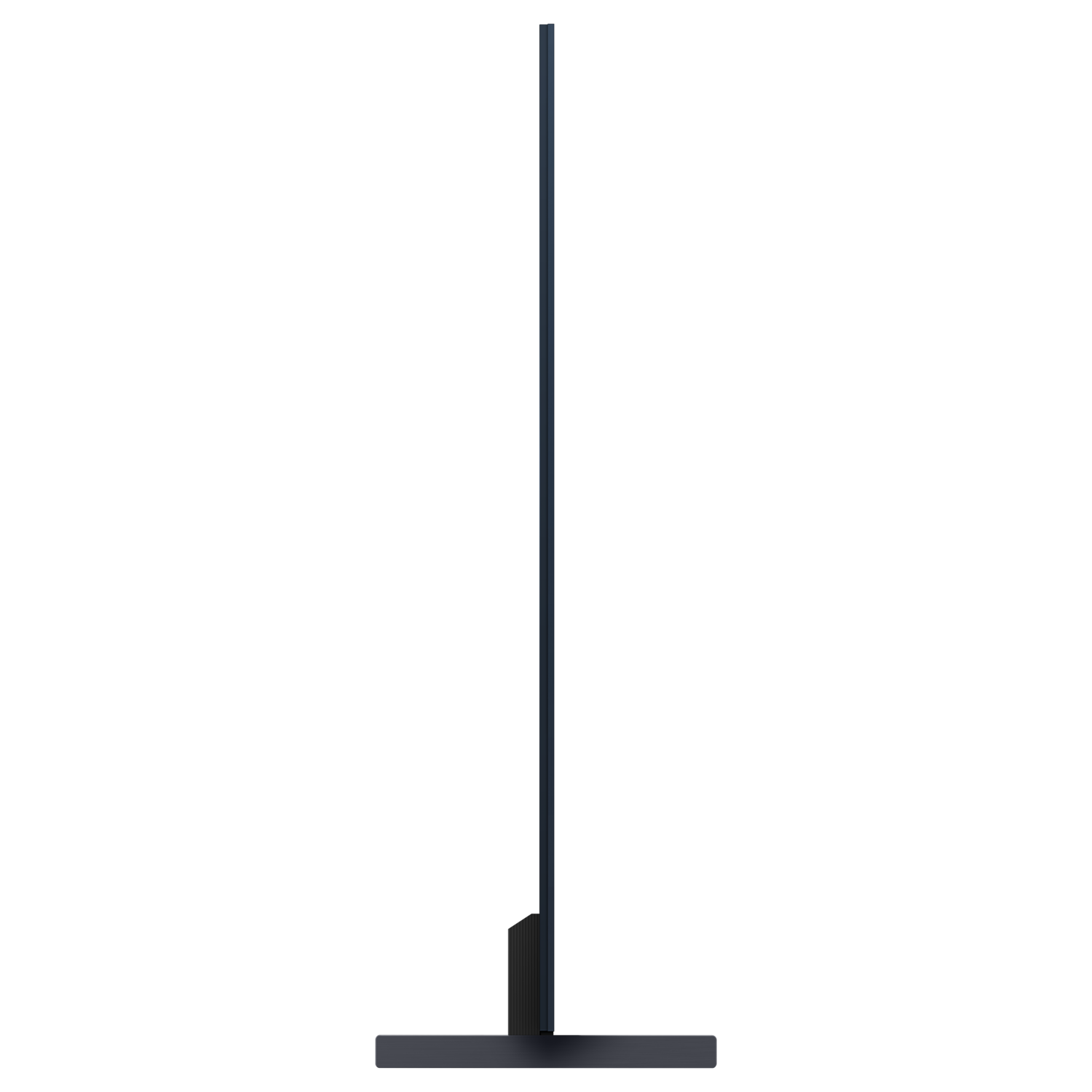 A slim, black TV standing upright, with a dark background.
