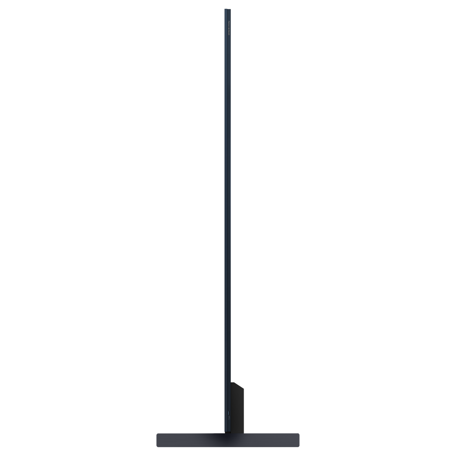 A slim television in profile, black, set against a black background.