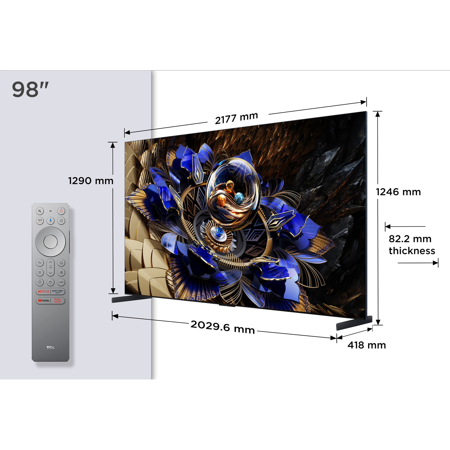98" TV with dimensions and remote. Image with blue, gold pattern.