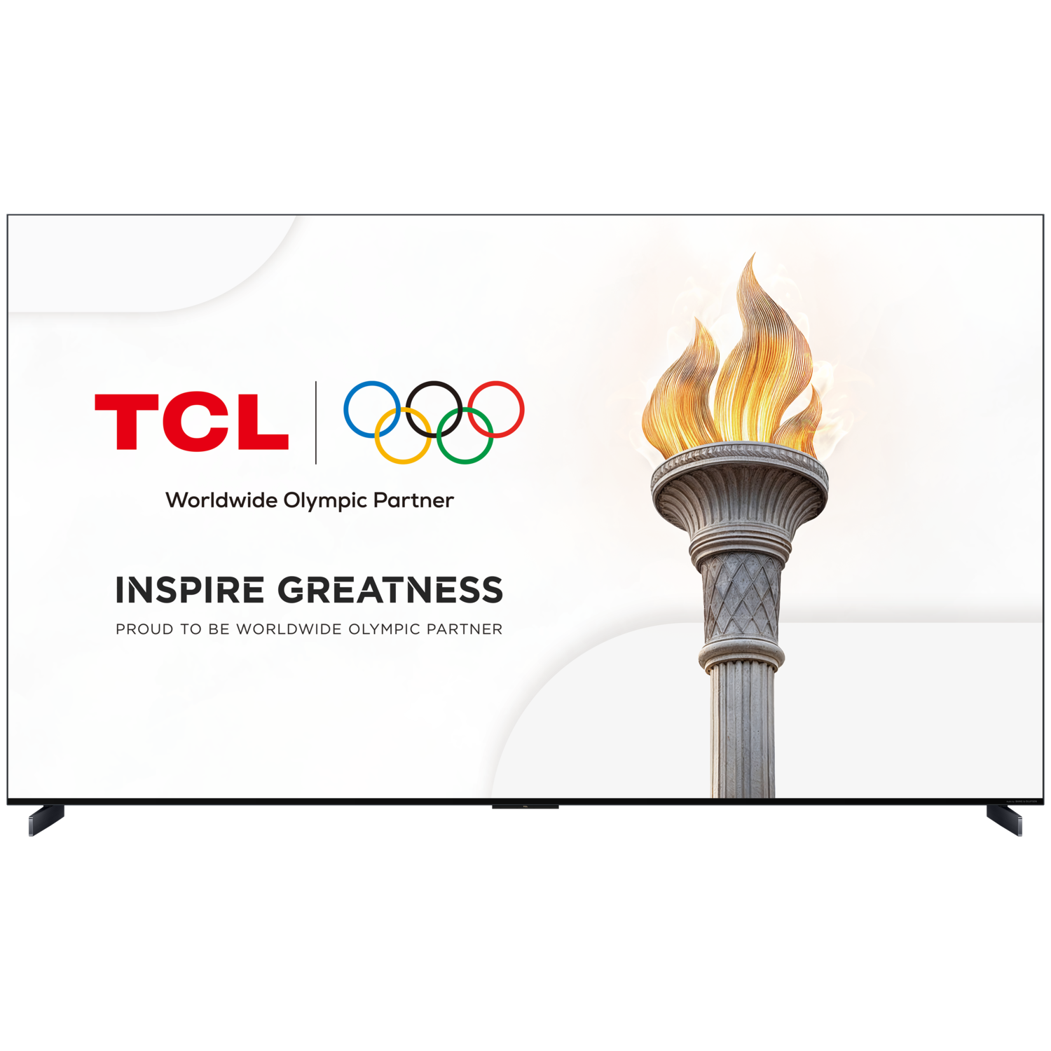 TCL TV with Olympic rings and torch, text: Inspire Greatness.
