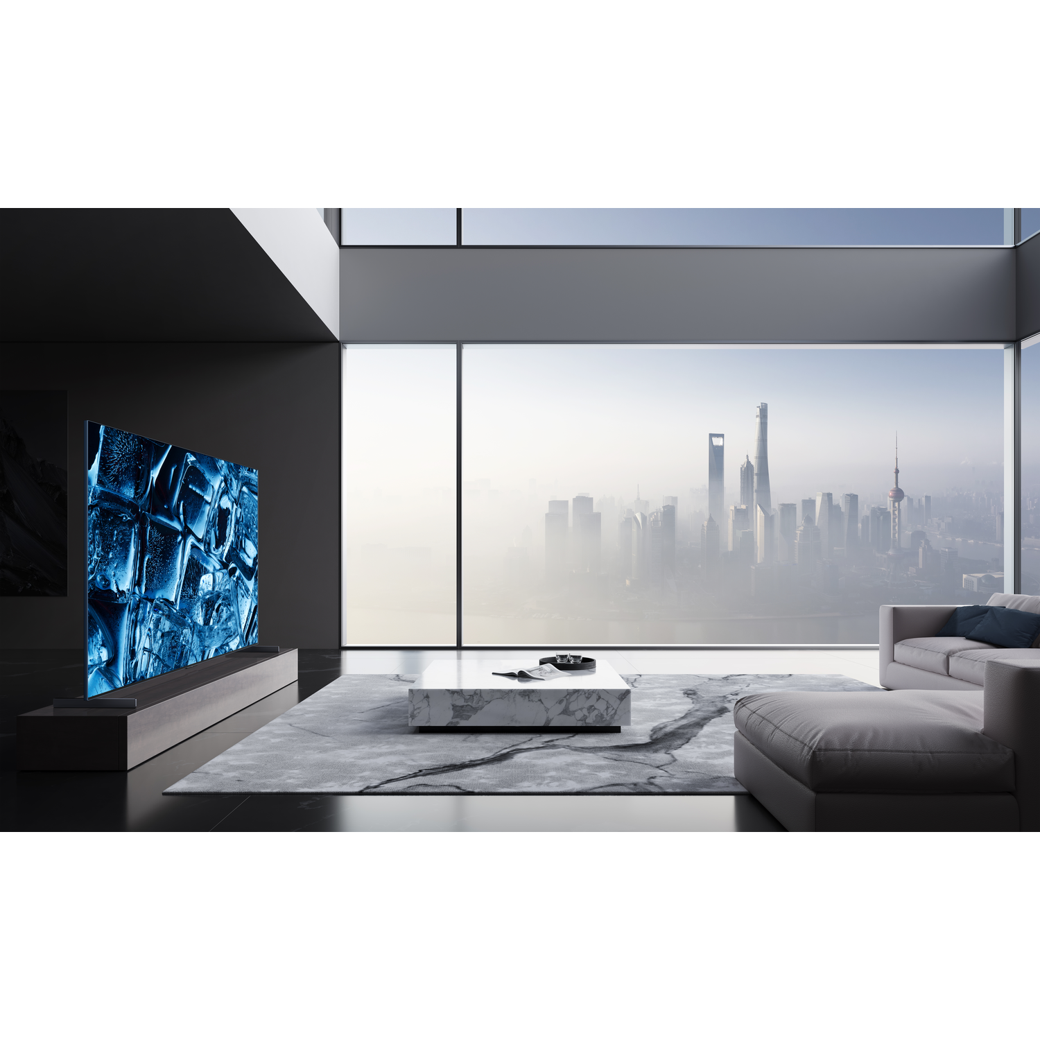 Interior with TV showing blue pattern, view of city through window.