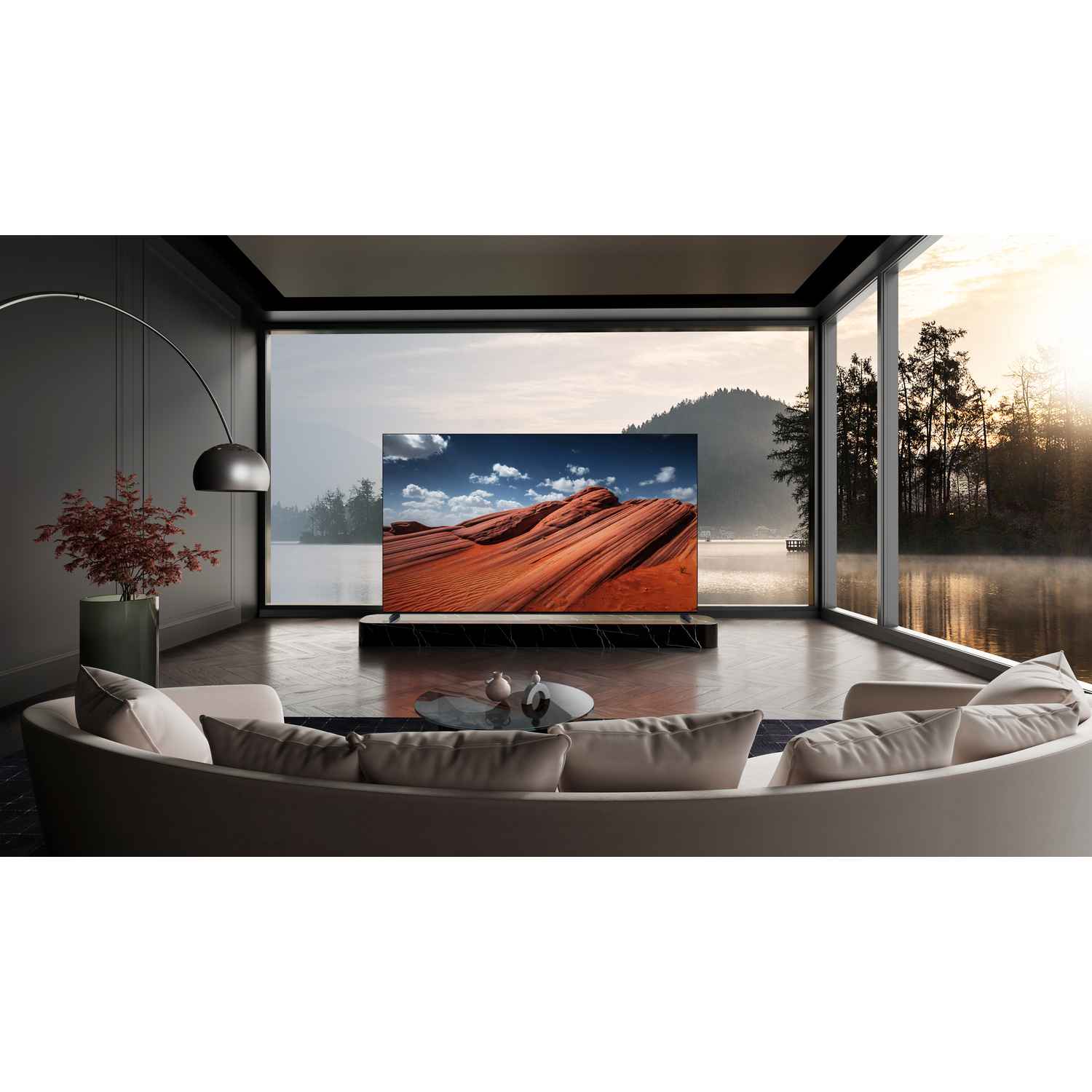 Interior with TV showing landscape, couch, window with lake view.