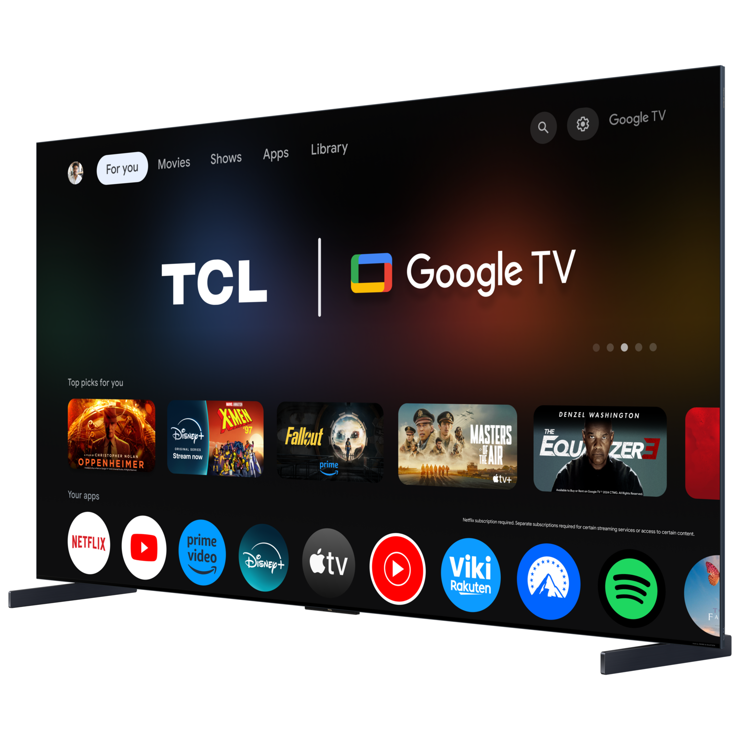 TCL Google TV with app icons, menu options, and streaming services, black background.