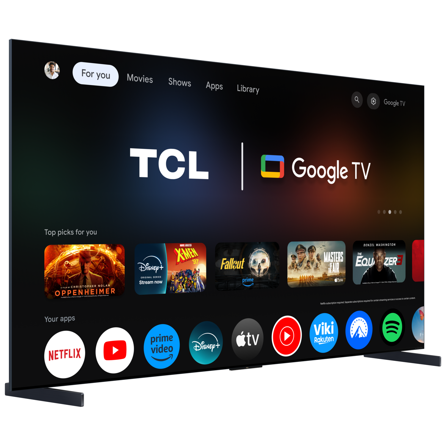 TCL Google TV with app icons, menu options, and streaming services, black background.