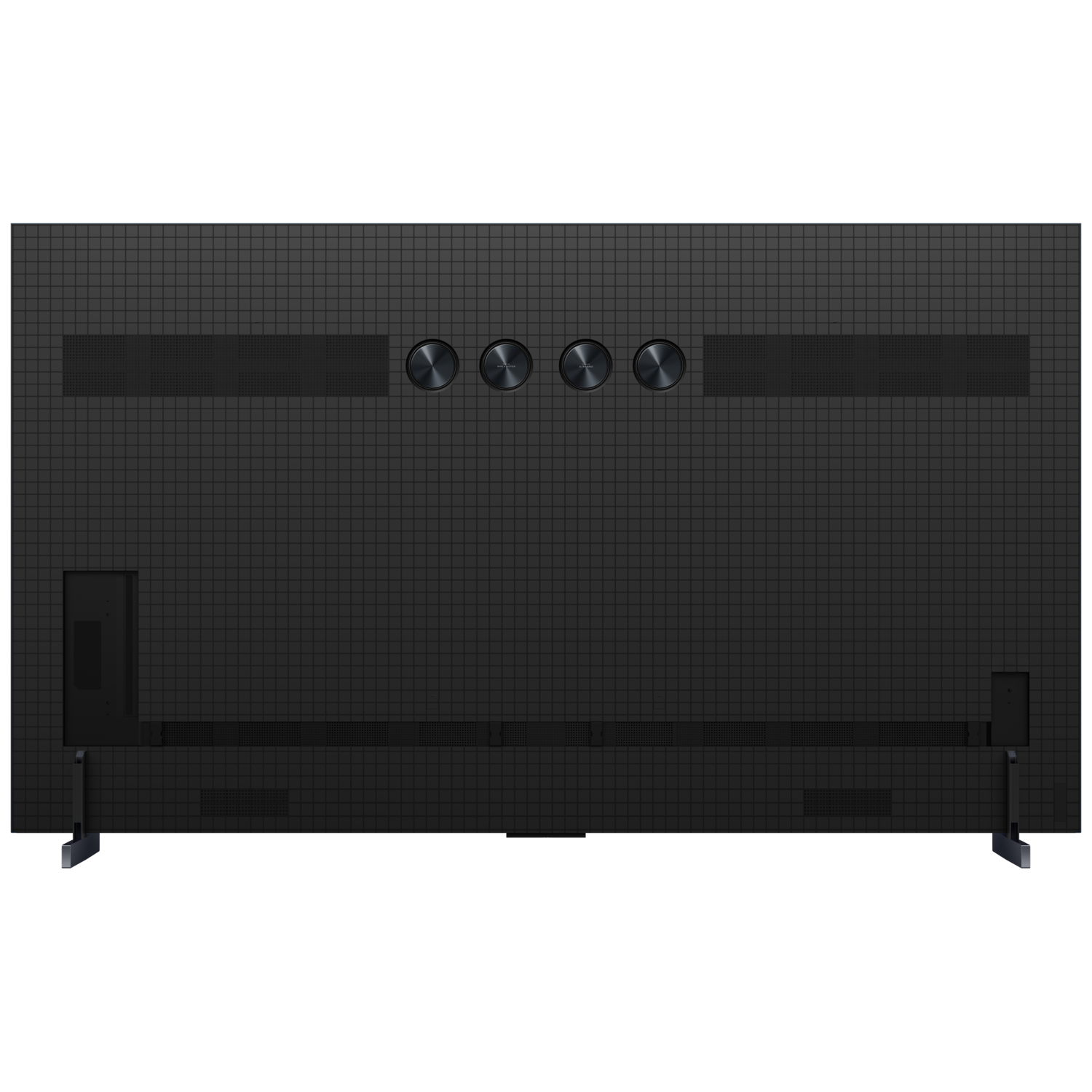 Back of a black TV with ports and speakers on a black background.