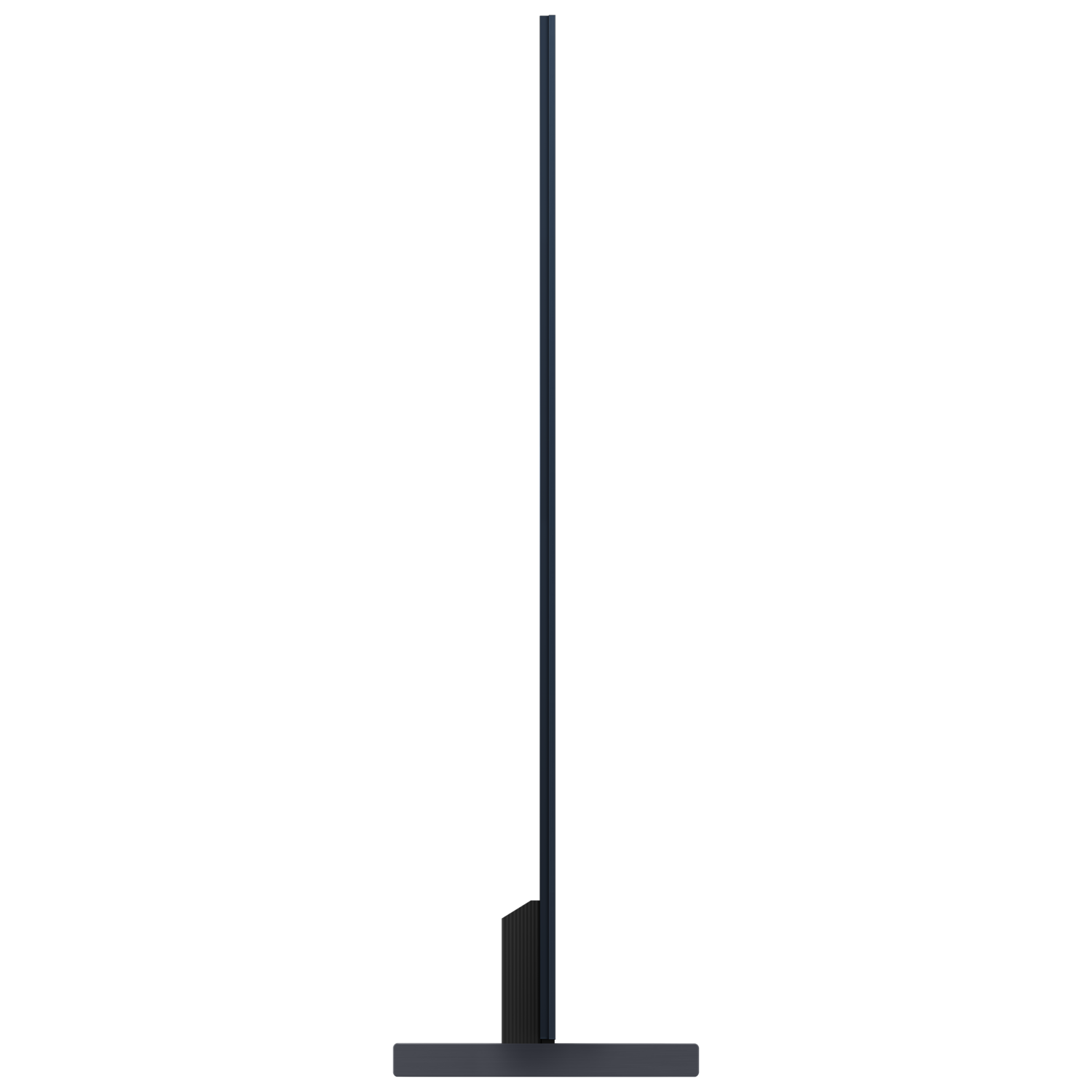 A slim television in profile, black, set against a black background.