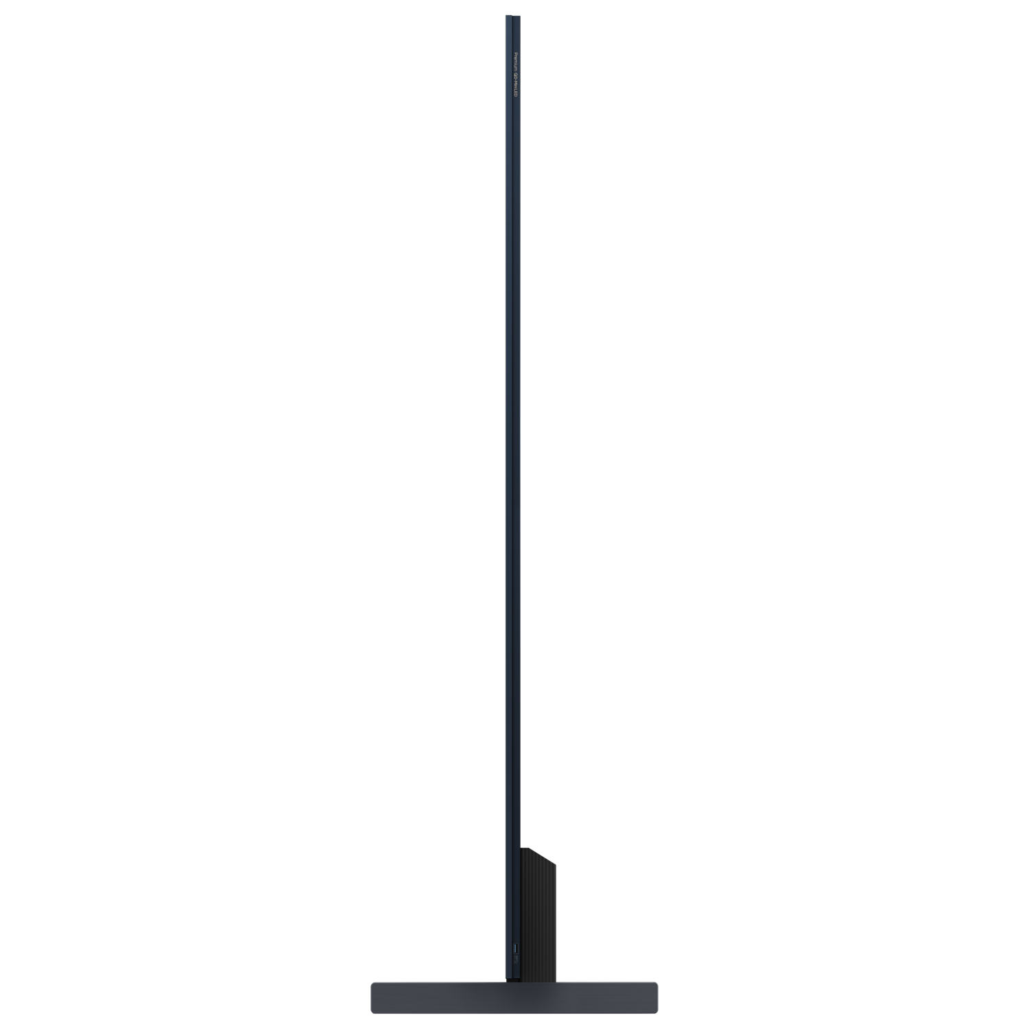A slim television in profile, black, set against a black background.