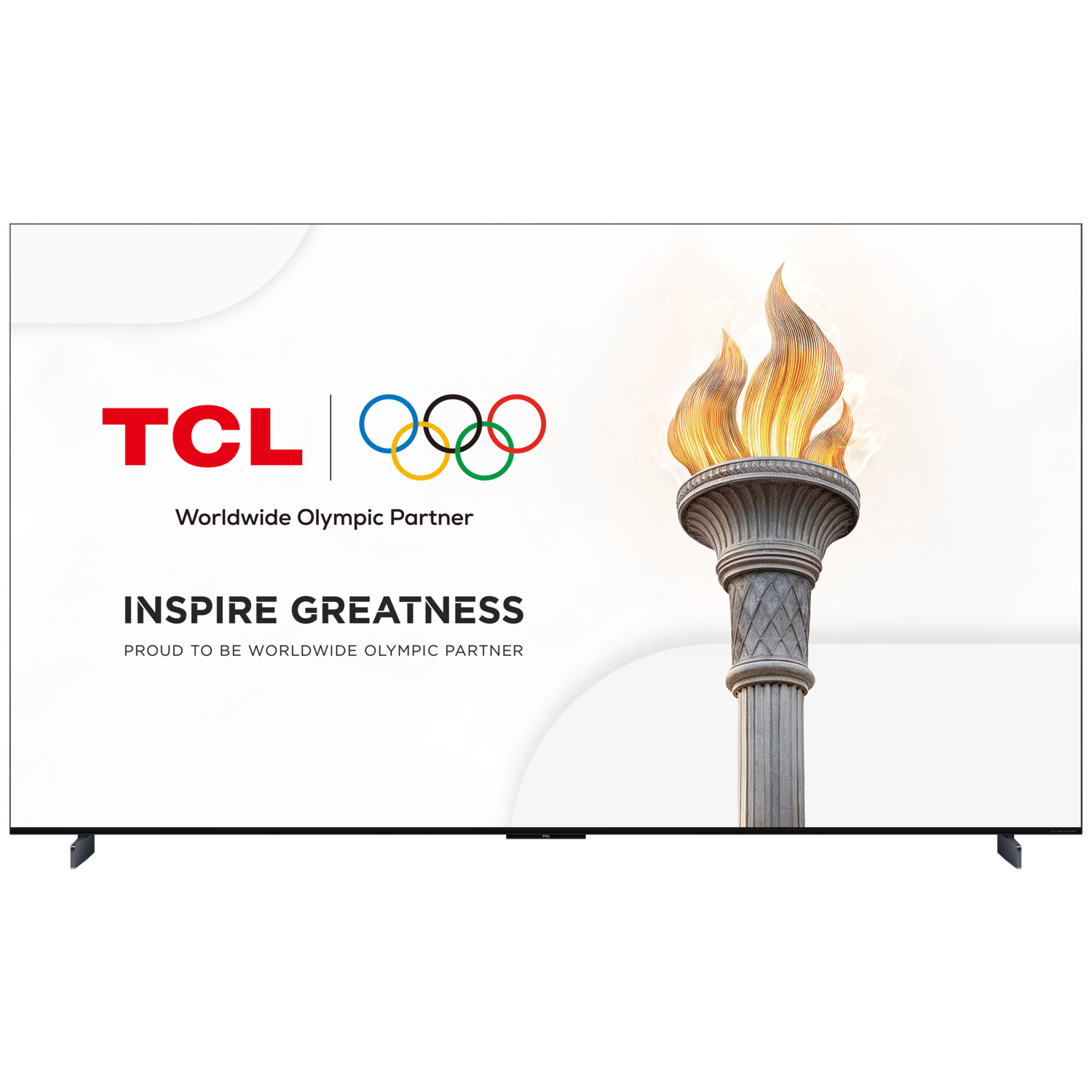 A TV displays the TCL logo, Olympic rings, and a torch. The background is white.