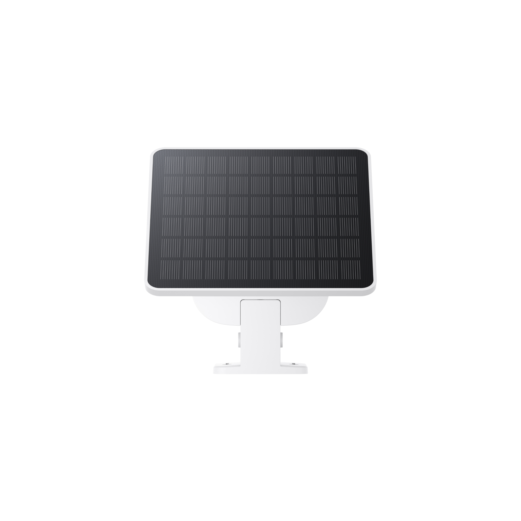 Eine weiße Überwachungskamera mit Solarpanel, die von vorne betrachtet wird, mit Logo.