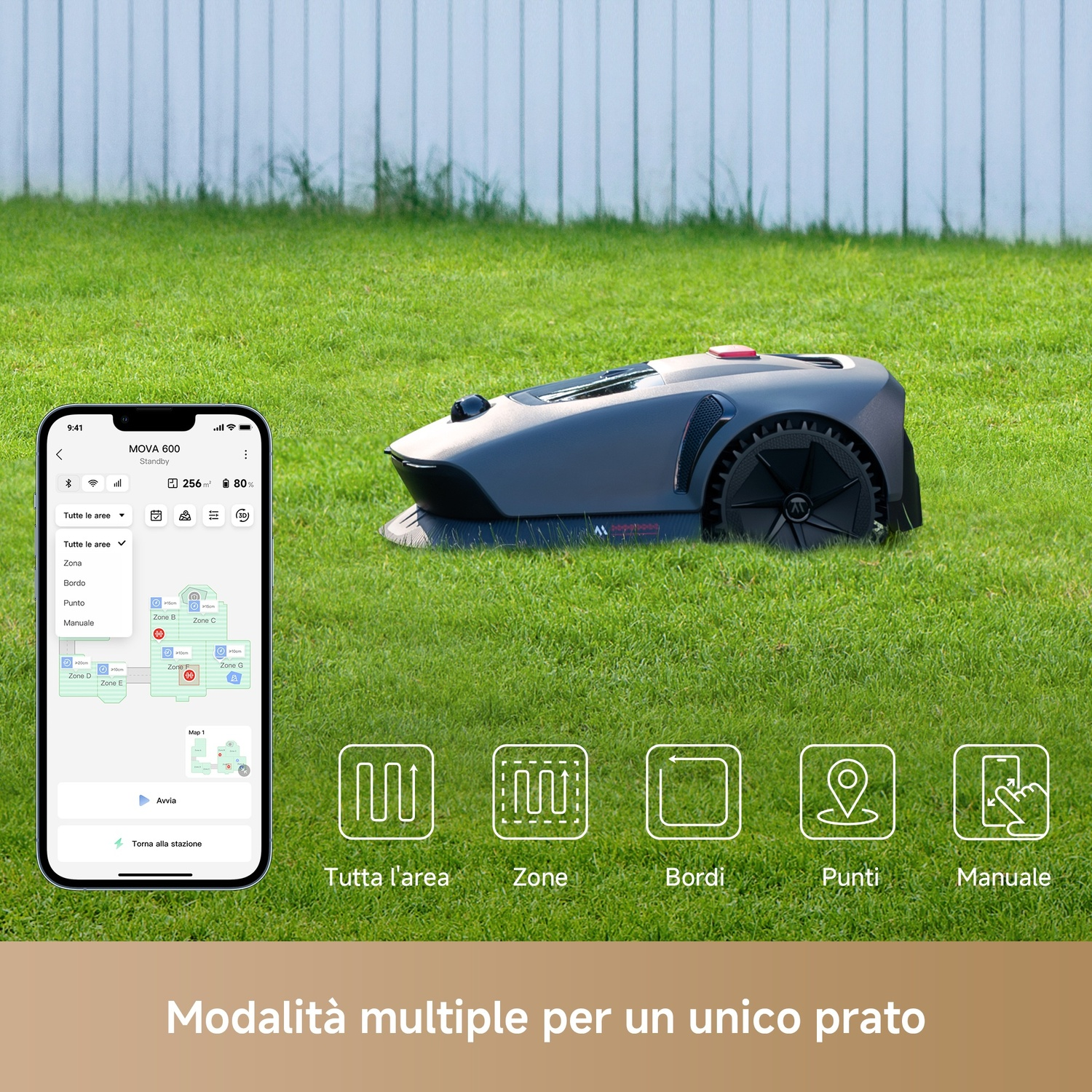 Un tosaerba robotico che taglia l'erba, circondato da un campo blu con simboli e testo.