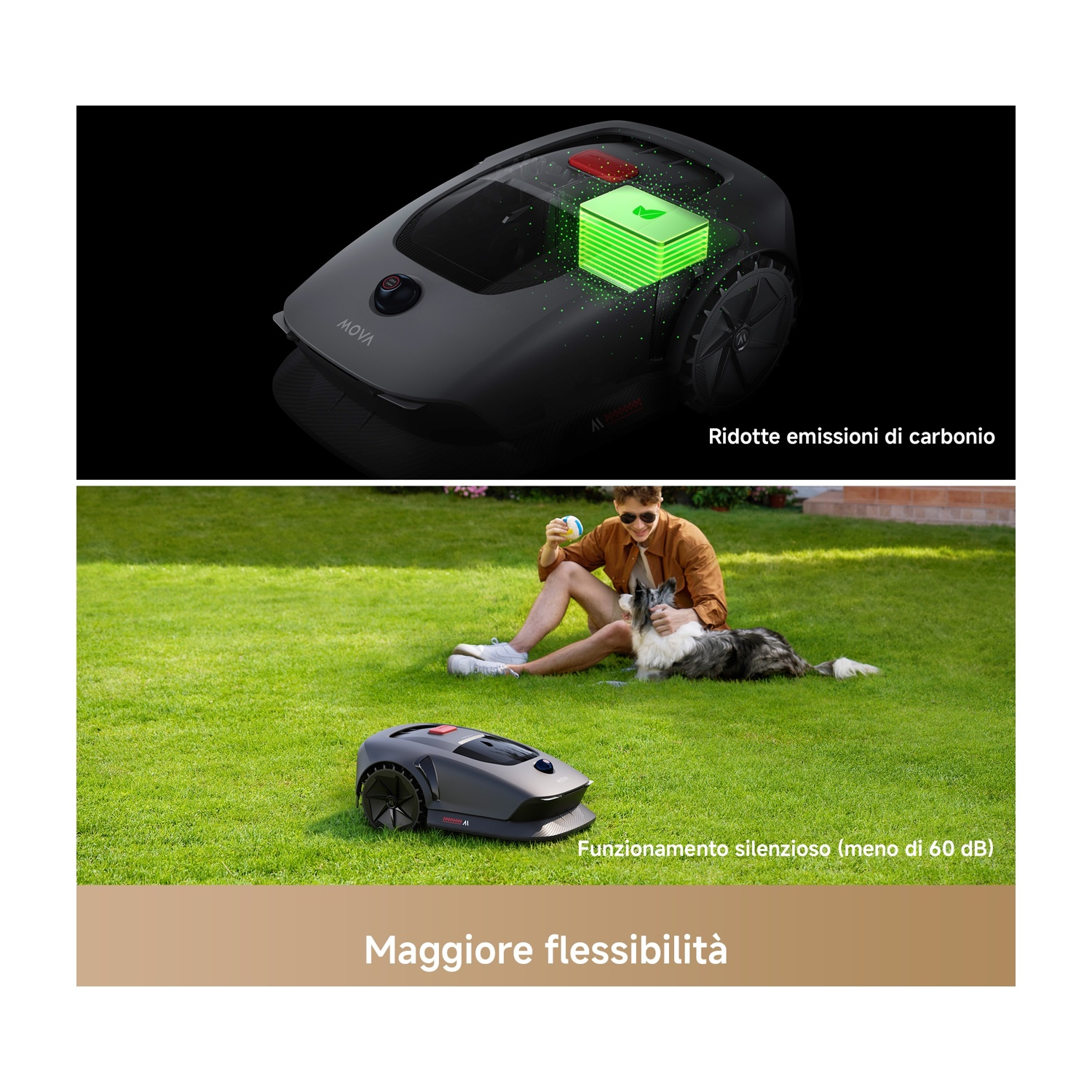 Tosaerba robotico con emissioni ridotte e funzionamento silenzioso. Un uomo seduto sull'erba con un cane.