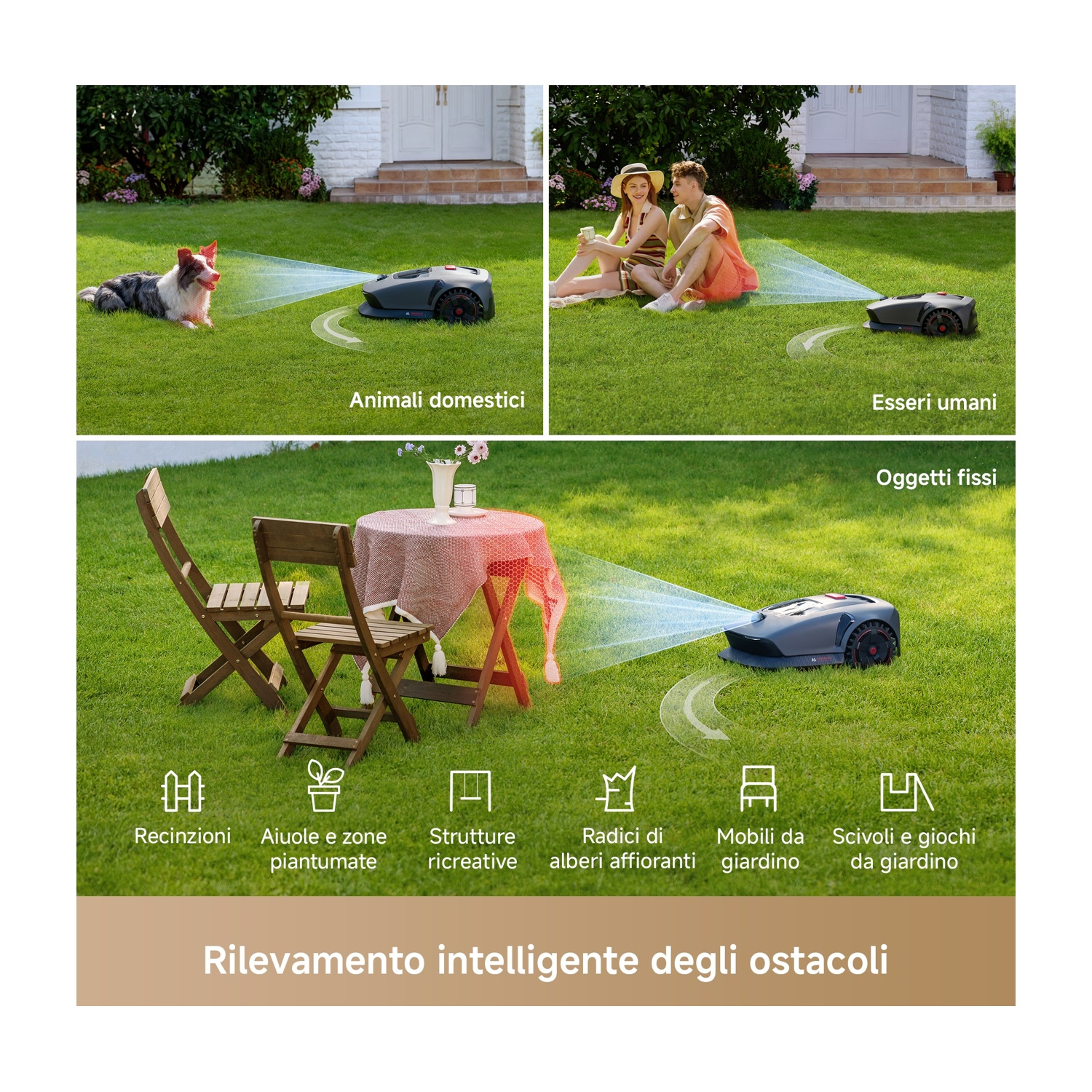 Scene con un tosaerba, animali domestici, persone e oggetti fissi, con icone di ostacoli.