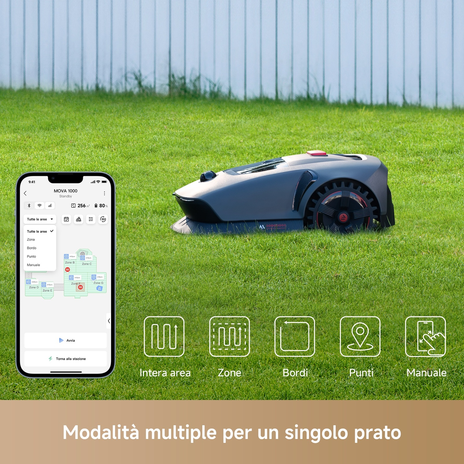 Il robot tagliaerba sull'erba con uno smartphone che mostra diverse modalità per la cura del prato.