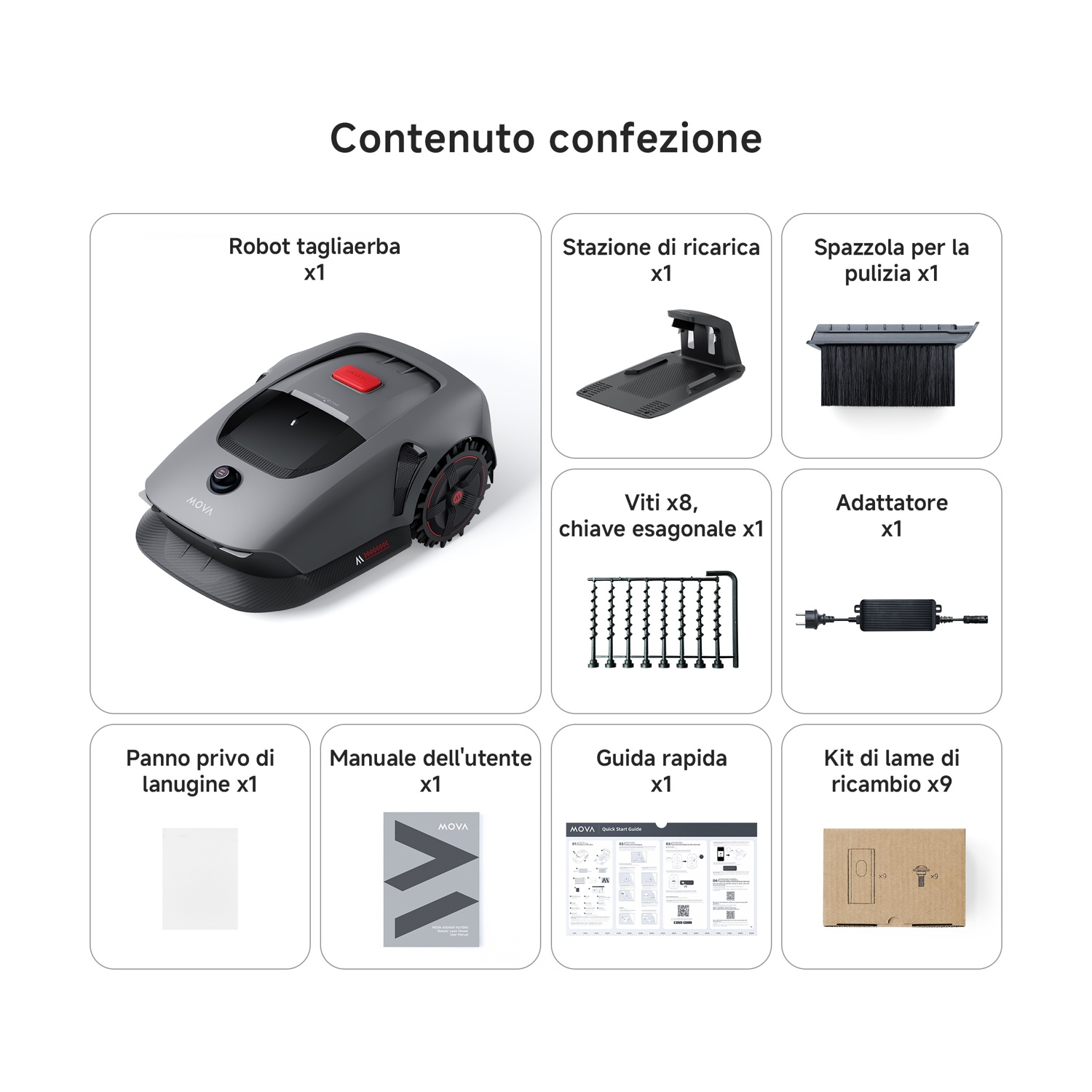 Varie parti del set del robot tagliaerba: robot, stazione di ricarica, spazzola, viti, adattatore, panno, manuale, lame.