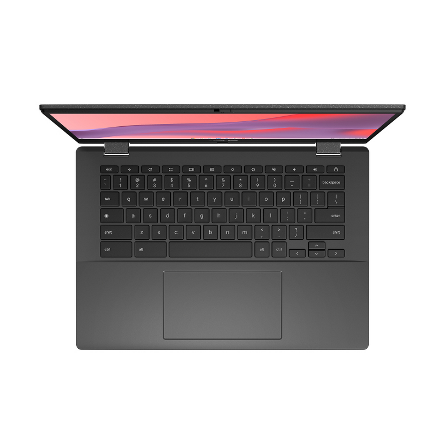 Un portátil ASUS Chromebook gris desde arriba, abierto, con teclado y panel táctil.