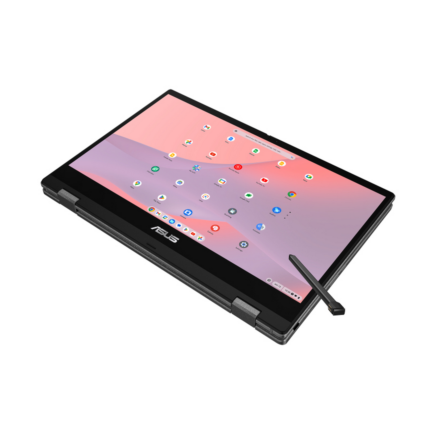 Un portátil ASUS Chromebook gris abierto con iconos de aplicaciones en la pantalla y un lápiz óptico.