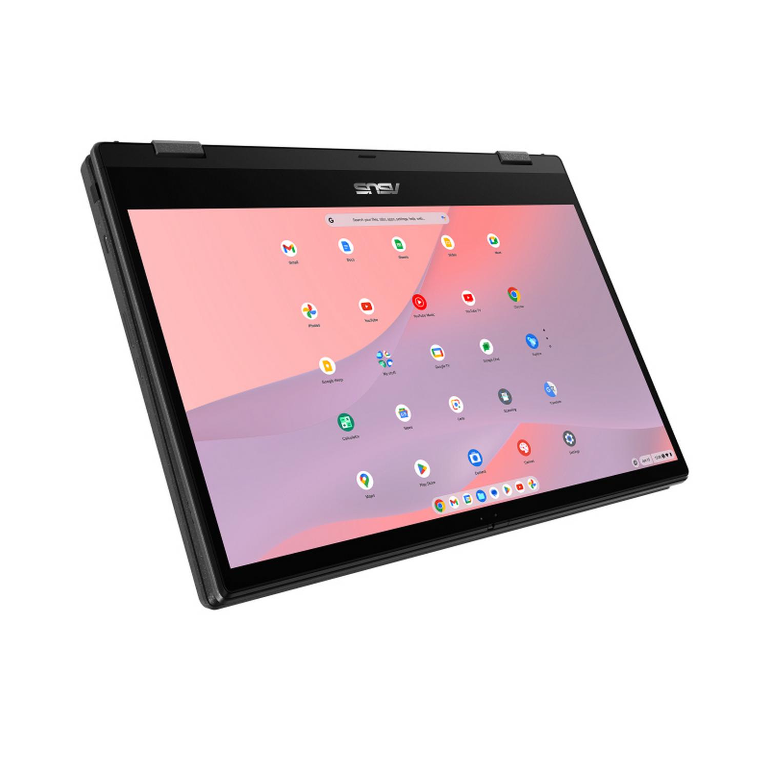 Un portátil ASUS Chromebook gris abierto con iconos de aplicaciones en la pantalla.