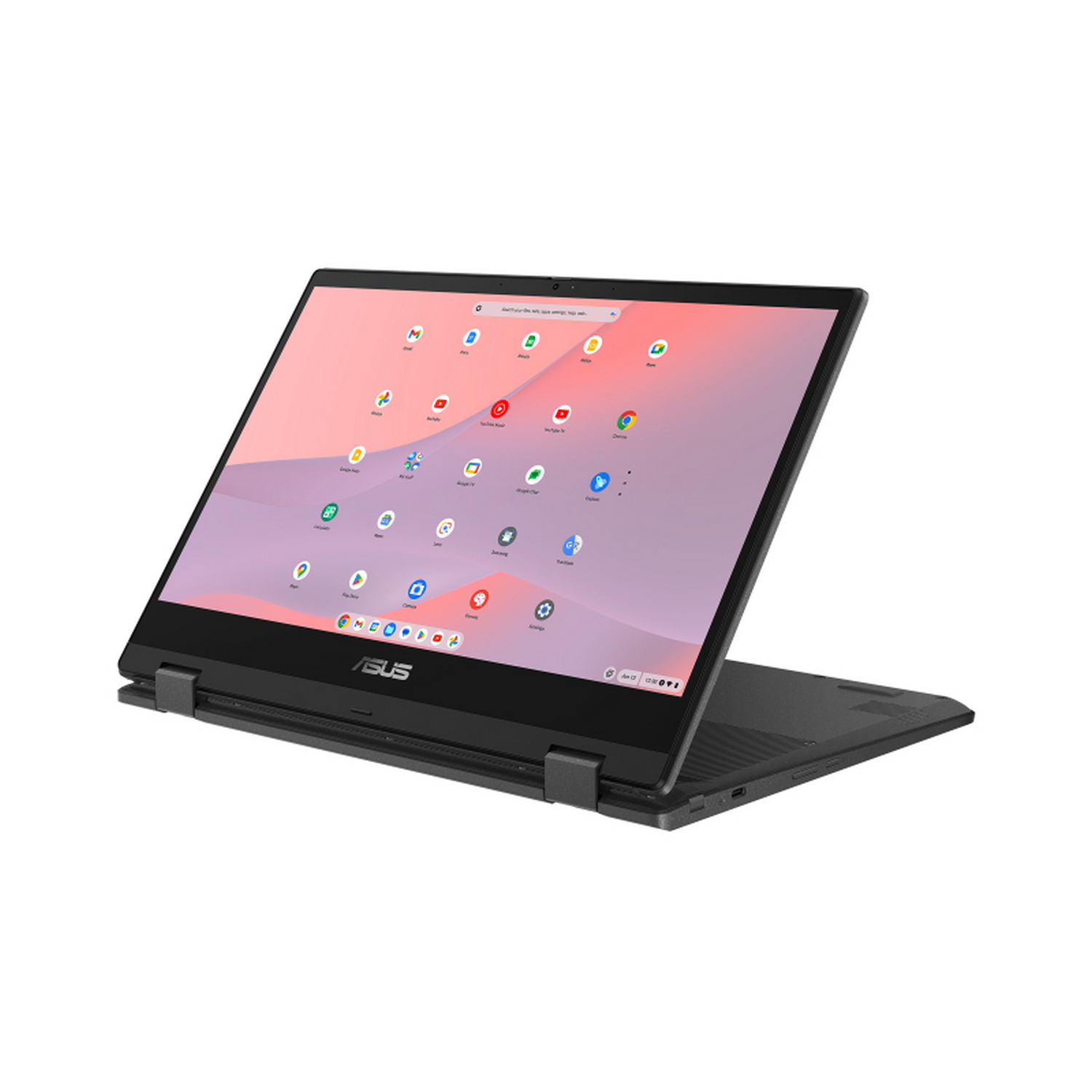 Un portátil ASUS Chromebook gris abierto con iconos de aplicaciones en la pantalla y un marco negro.