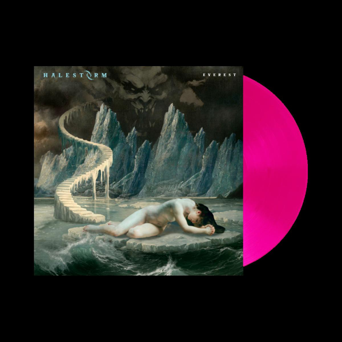 Ein Albumcover mit einer Frau, die auf Eis liegt, mit einer Vinyl-Schallplatte im Hintergrund.