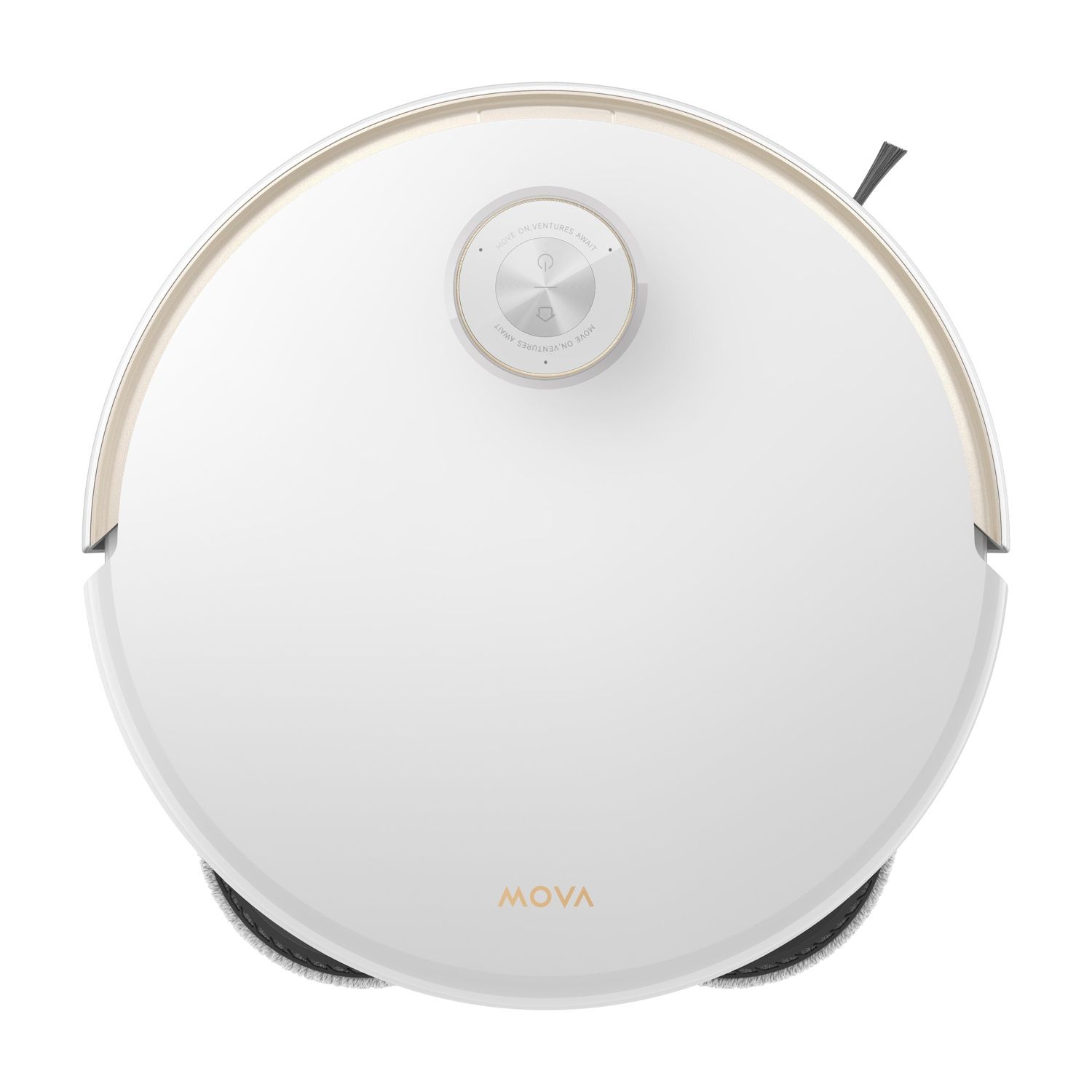 Aspirapolvere robot bianco con dettagli dorati, vista dall'alto su sfondo bianco.
