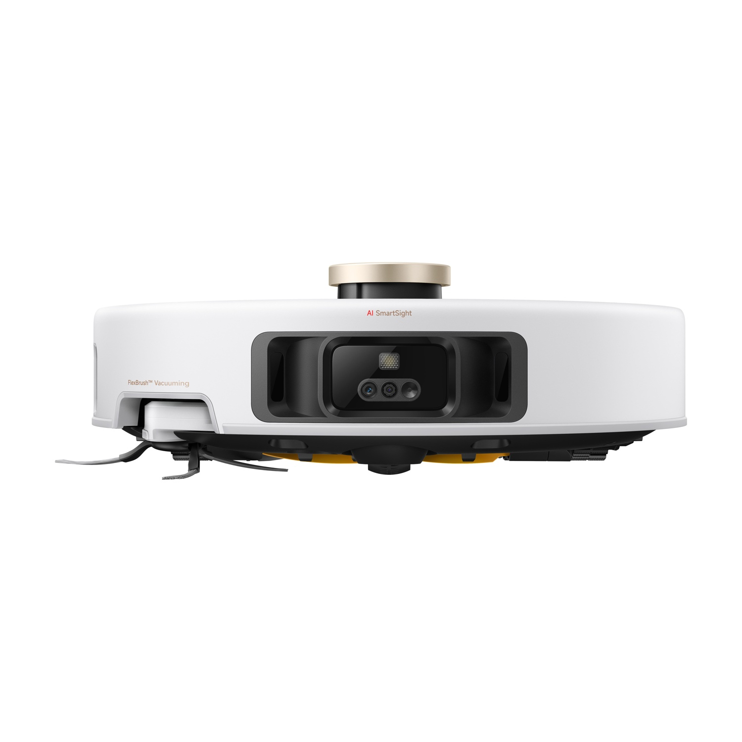 Aspirapolvere robot bianco con dettagli dorati, primo piano del fronte con sensori.