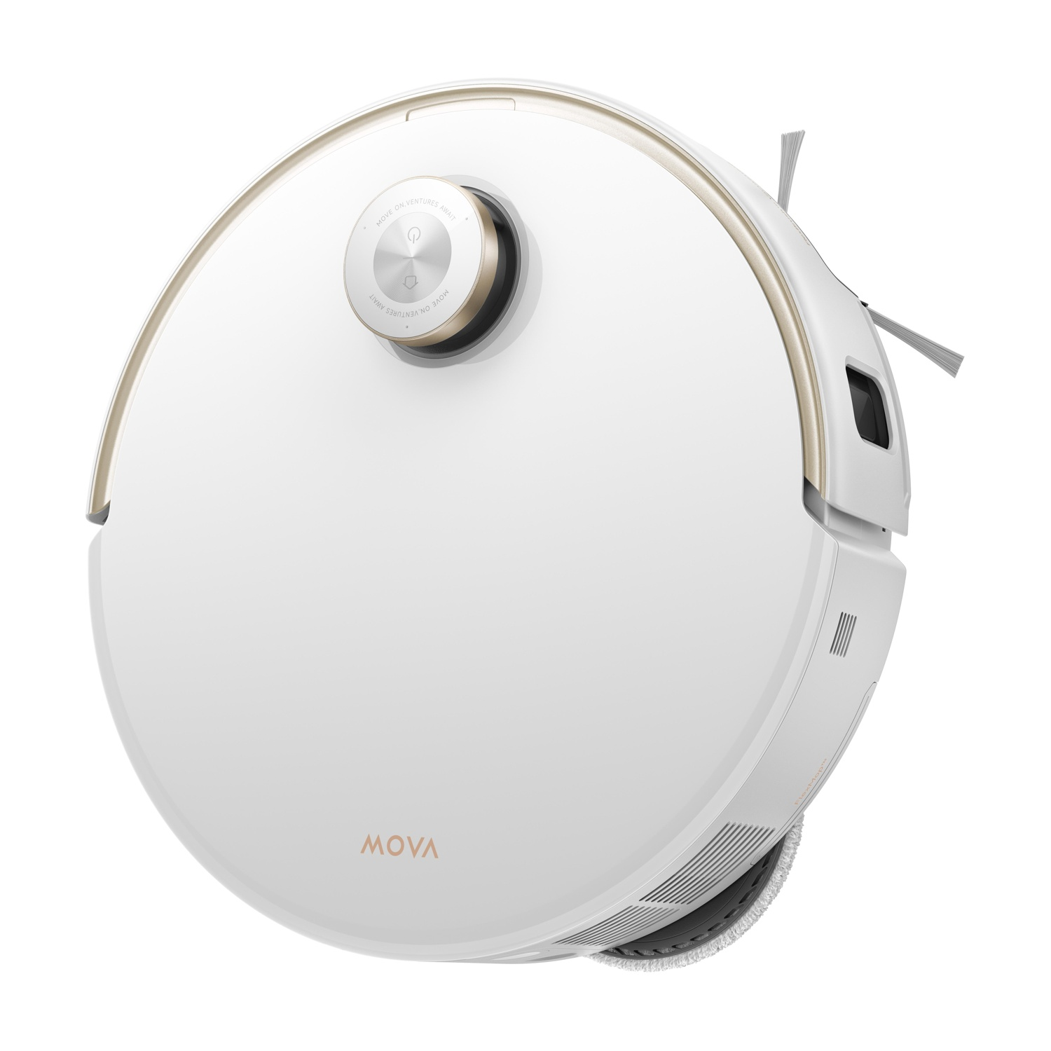Aspirapolvere robot bianco con dettagli dorati, vista dall'alto, con spazzola.