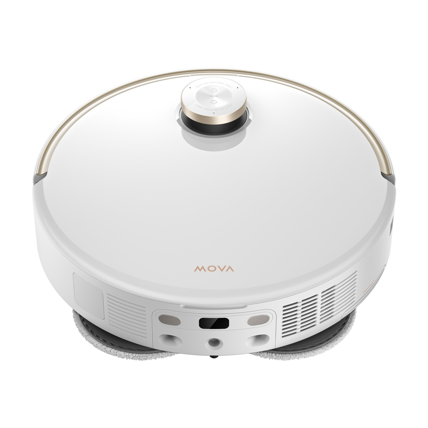 Aspirapolvere robot bianco con dettagli dorati, vista dall'alto su sfondo bianco.